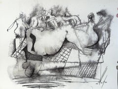 Bath, Figurative Original Painting, Ink on Paper, Black and White 