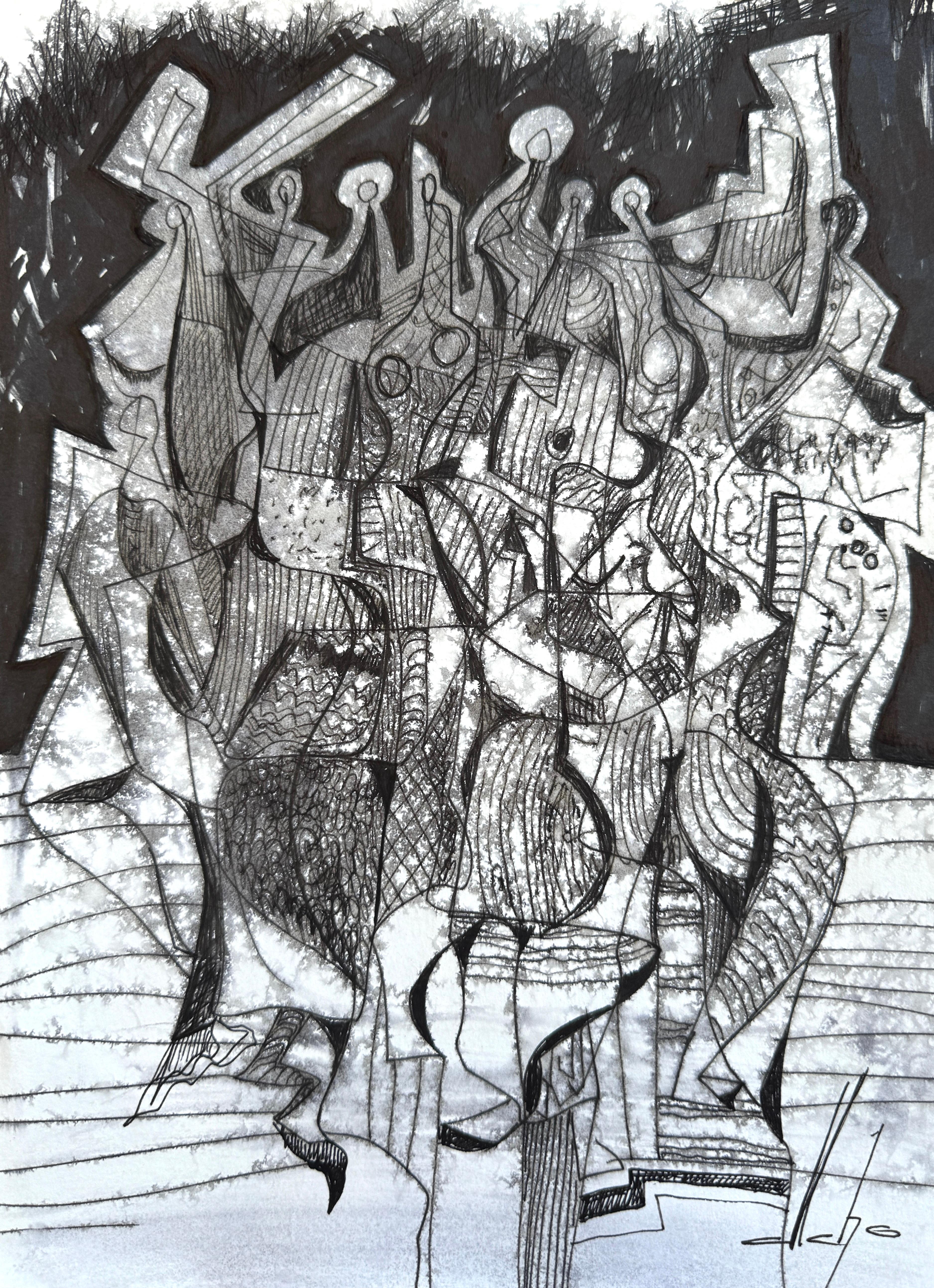 Night Club, Figurative Original Painting, Ink on Paper, Black and White