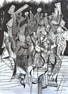 Night Club, Figurative Original Painting, Ink on Paper, Black and White 