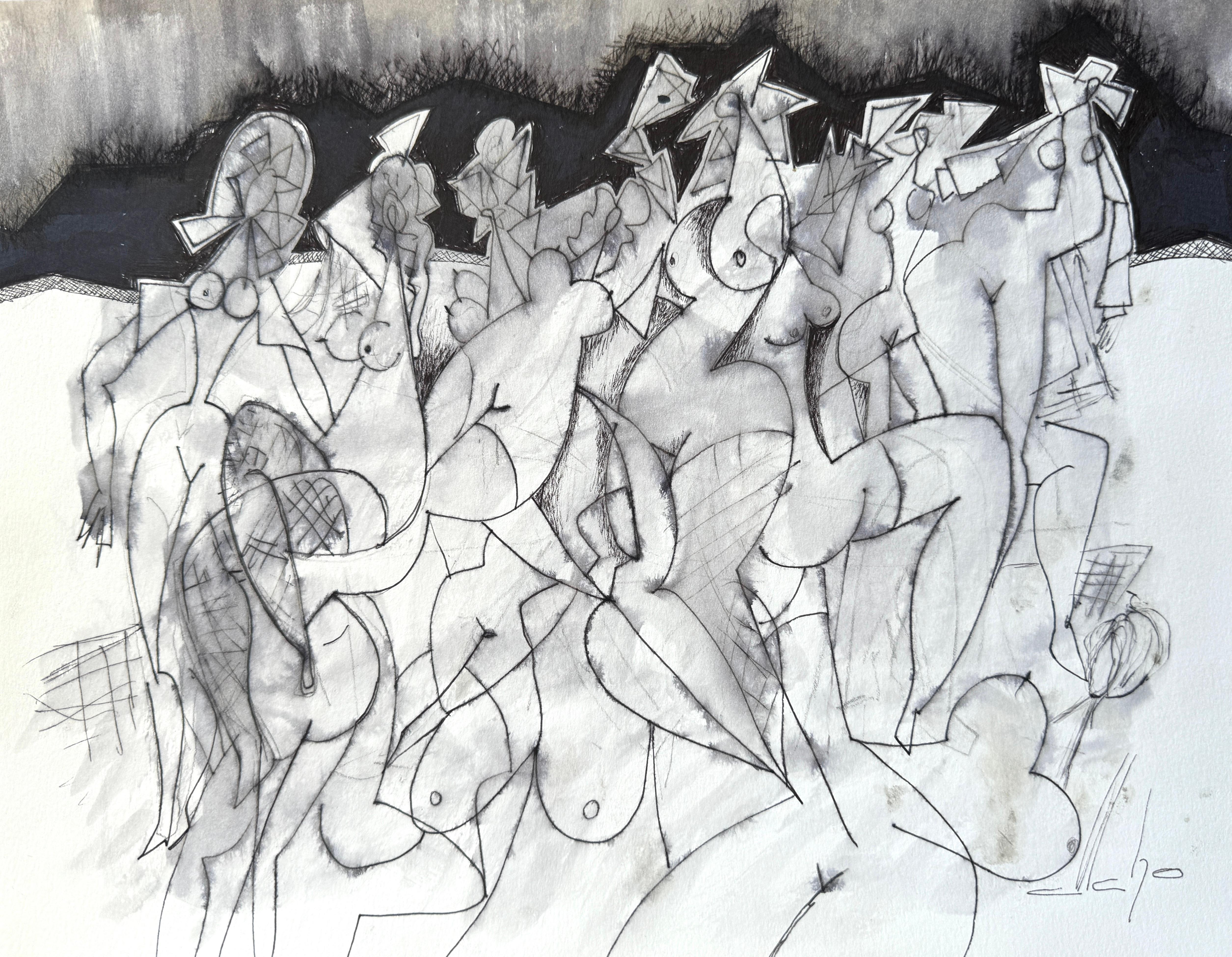 Figurative Art de Mkrtich Sarkisyan (Mcho) - Moda, Figurativo Abstracto, Pintura Original, Tinta sobre Papel, Blanco y Negro