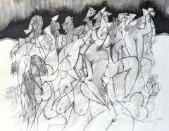 Fashion, Abstract Figurative, Original Painting, Ink on Paper, Black and White 