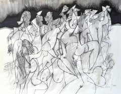 Mode, Abstrakt-Figurative Mode, Originalgemälde, Tinte auf Papier, Schwarz-Weiß 