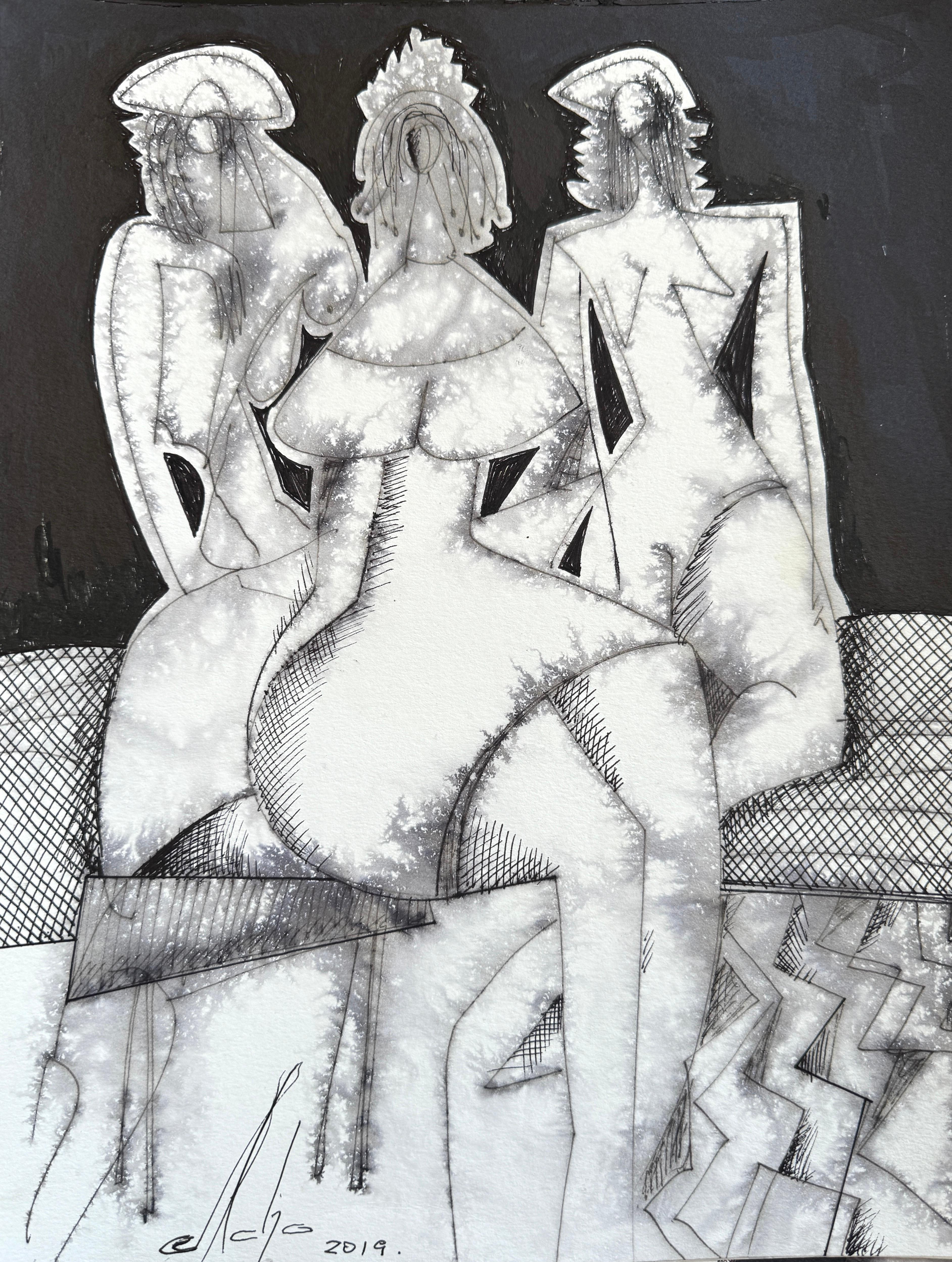Mkrtich Sarkisyan (Mcho) Figurative Art - Lounge, Abstract Figurative, Original Painting, Ink on Paper, Black and White 