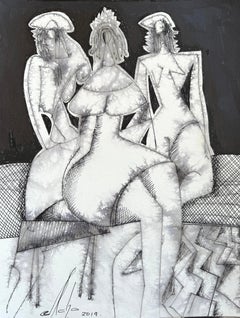 Lounge, Abstrakt-Figuratives Gemälde, Originalgemälde, Tinte auf Papier, Schwarz-Weiß 