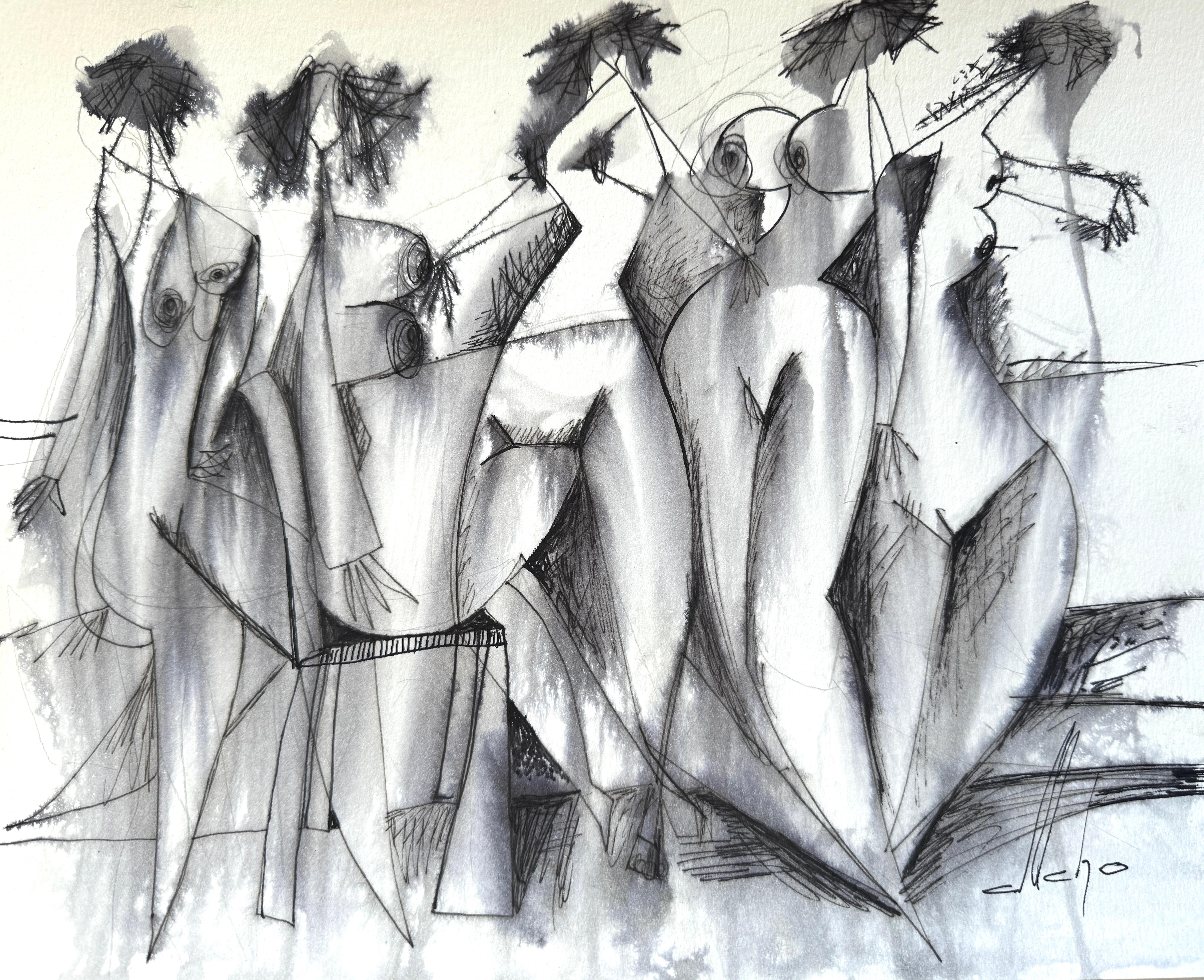 Mkrtich Sarkisyan (Mcho) Figurative Art - Stream, Abstract Figurative, Original Painting, Ink on Paper, Black and White 