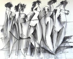 Stream, Abstract Figurative, Original Painting, Ink on Paper, Black and White 