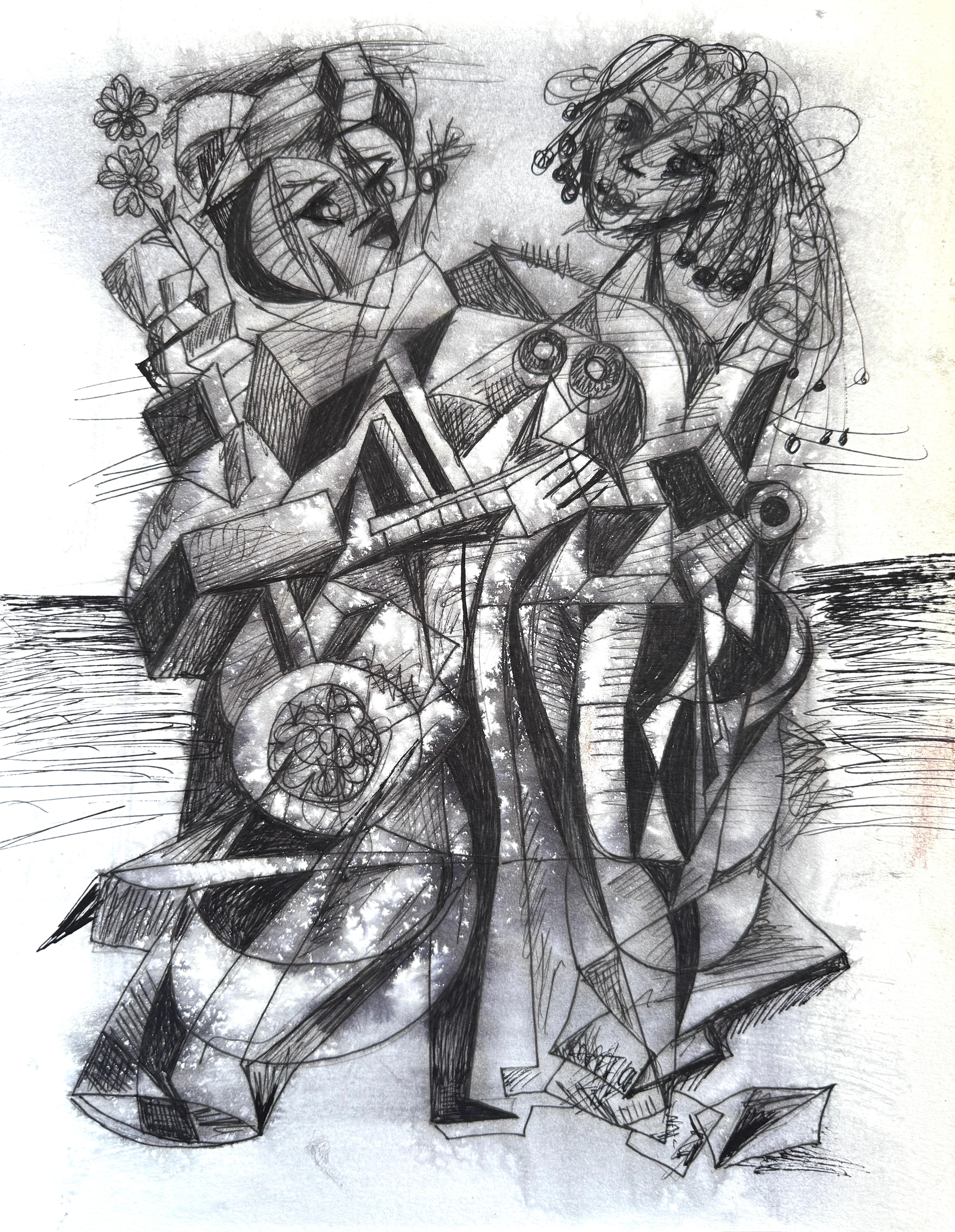 Mkrtich Sarkisyan (Mcho) Figurative Art - Hug, Abstract Figurative, Original Painting, Ink on Paper, Black and White 
