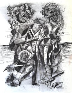 Hug, Abstrakt, figurativ, Originalgemälde, Tinte auf Papier, Schwarz und Weiß 