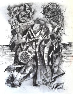 Whiting, Figurative abstraite, peinture originale, encre sur papier, noir et blanc