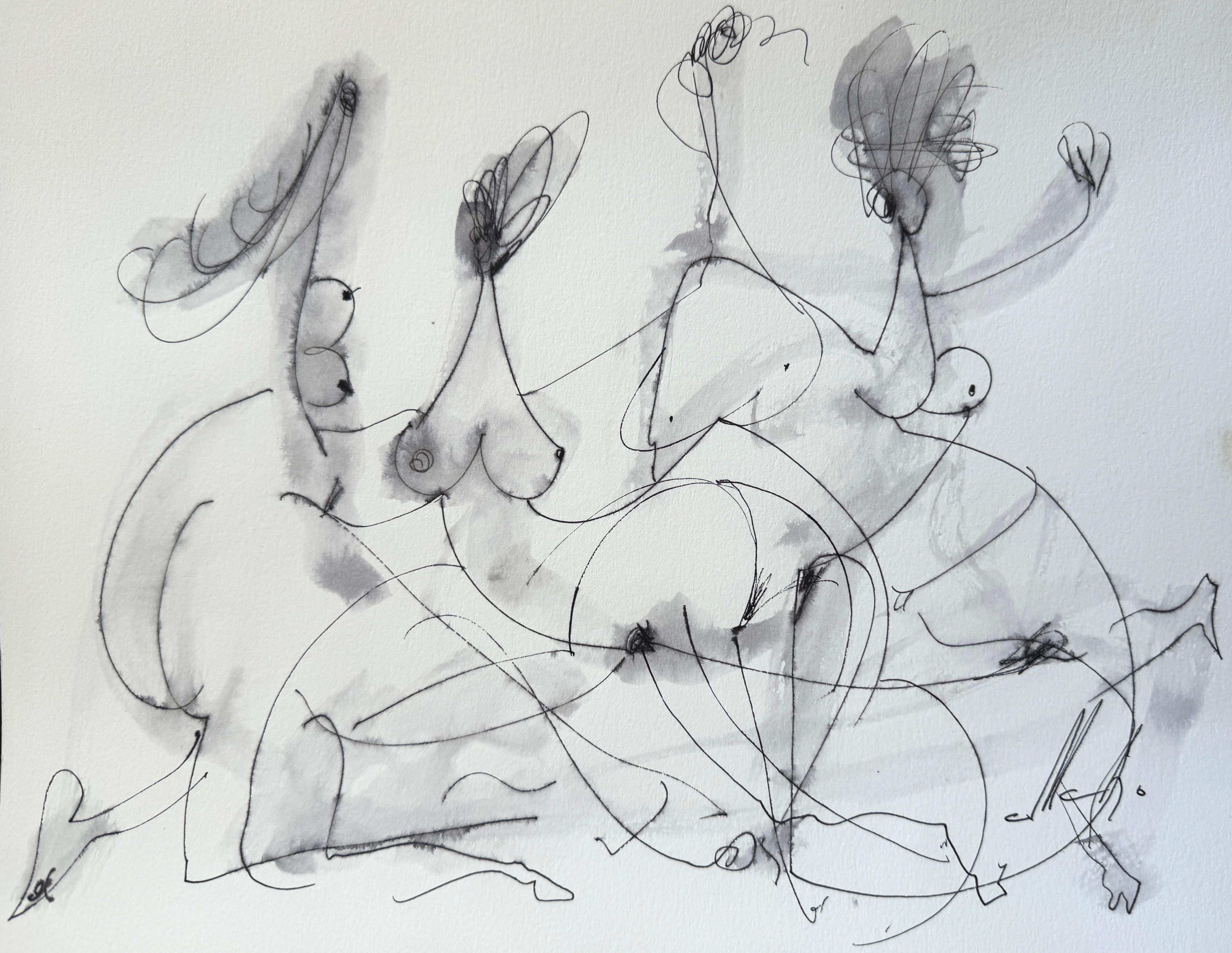 Upon Awakening, Figurative, Original Painting, Ink Paper, Black and White
