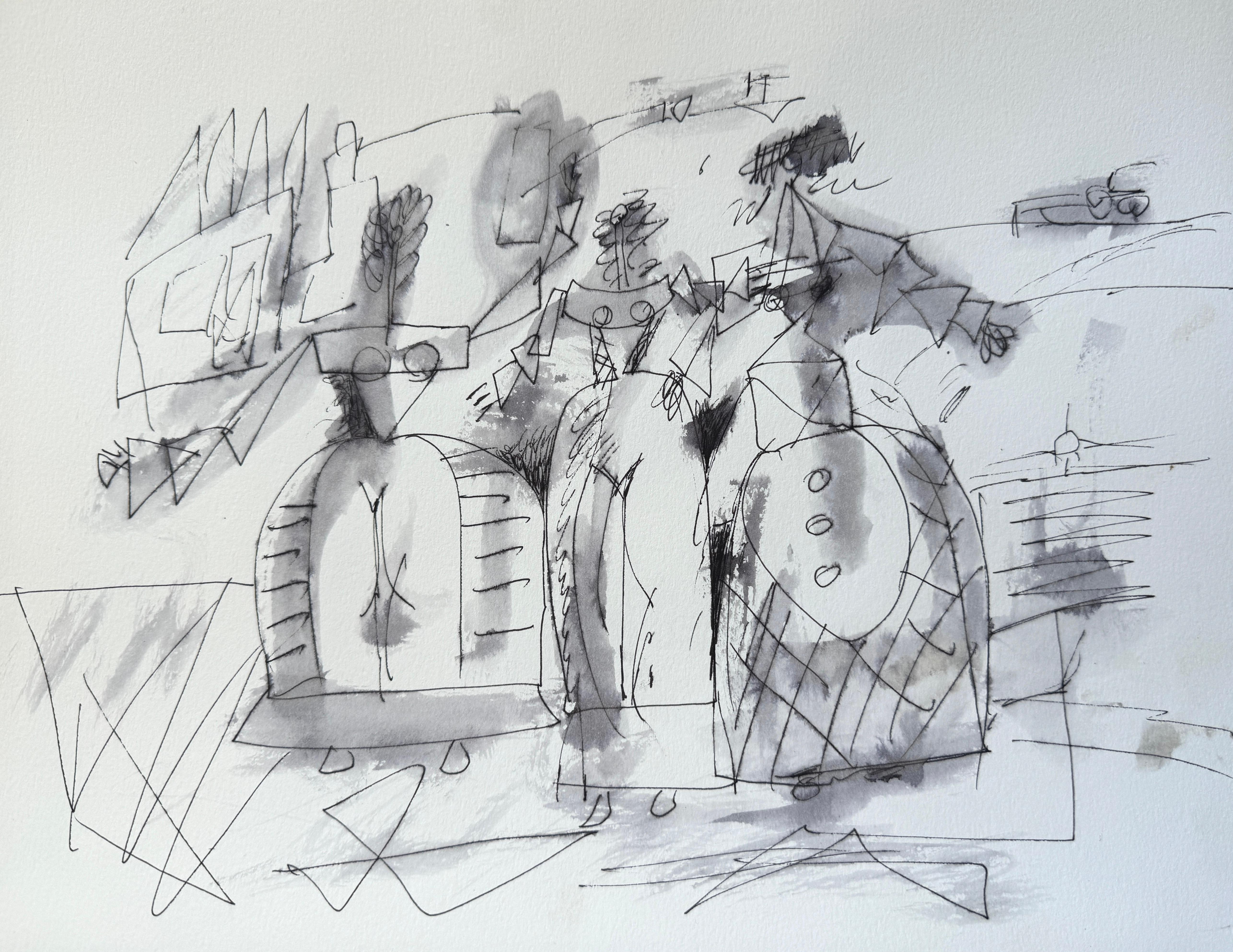 Mkrtich Sarkisyan (Mcho) Figurative Art - Meeting, Abstract Figurative, Original, Ink Paper, Black and White