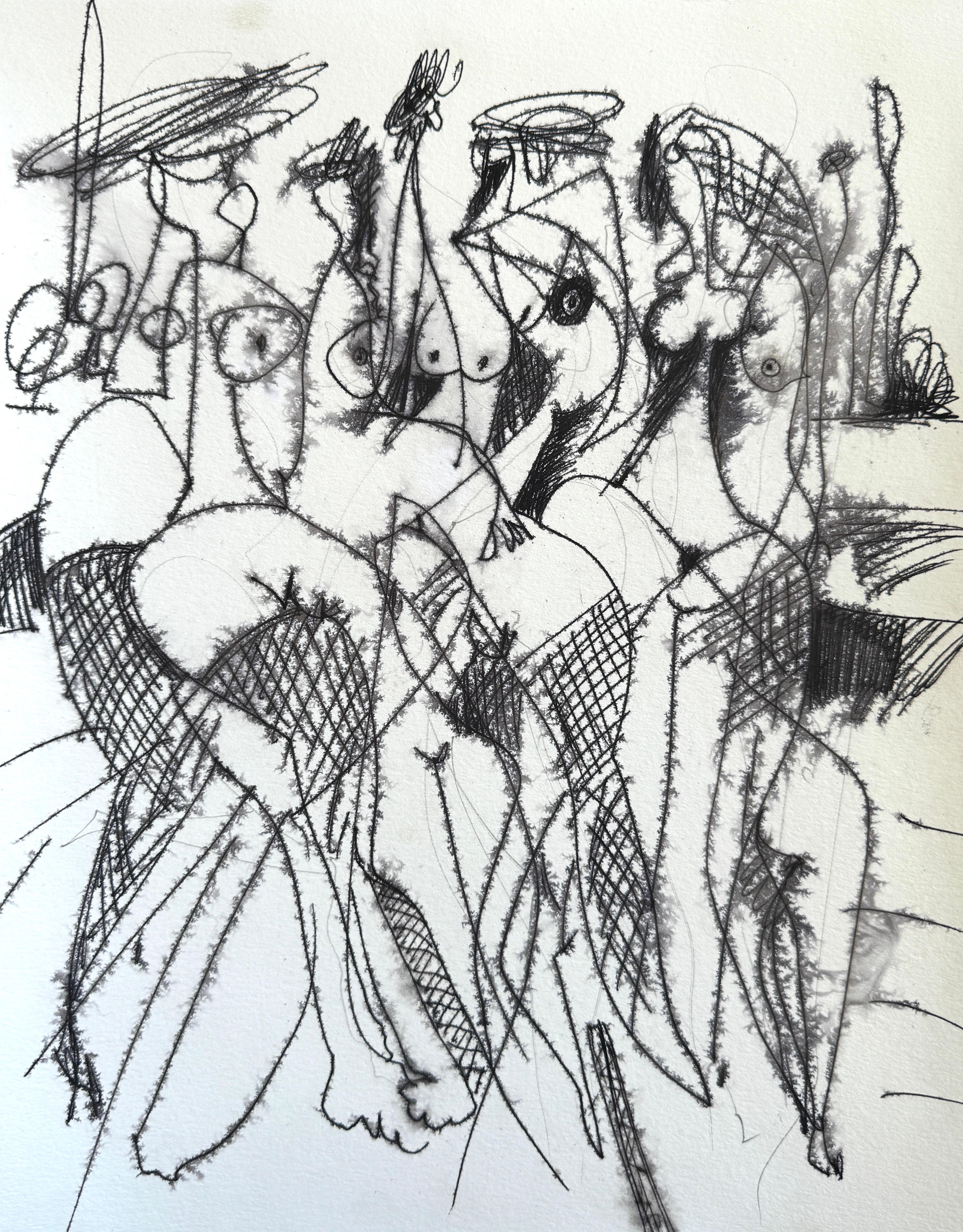 Nude, Abstract Figurative, Original, Ink Paper, Black and White 