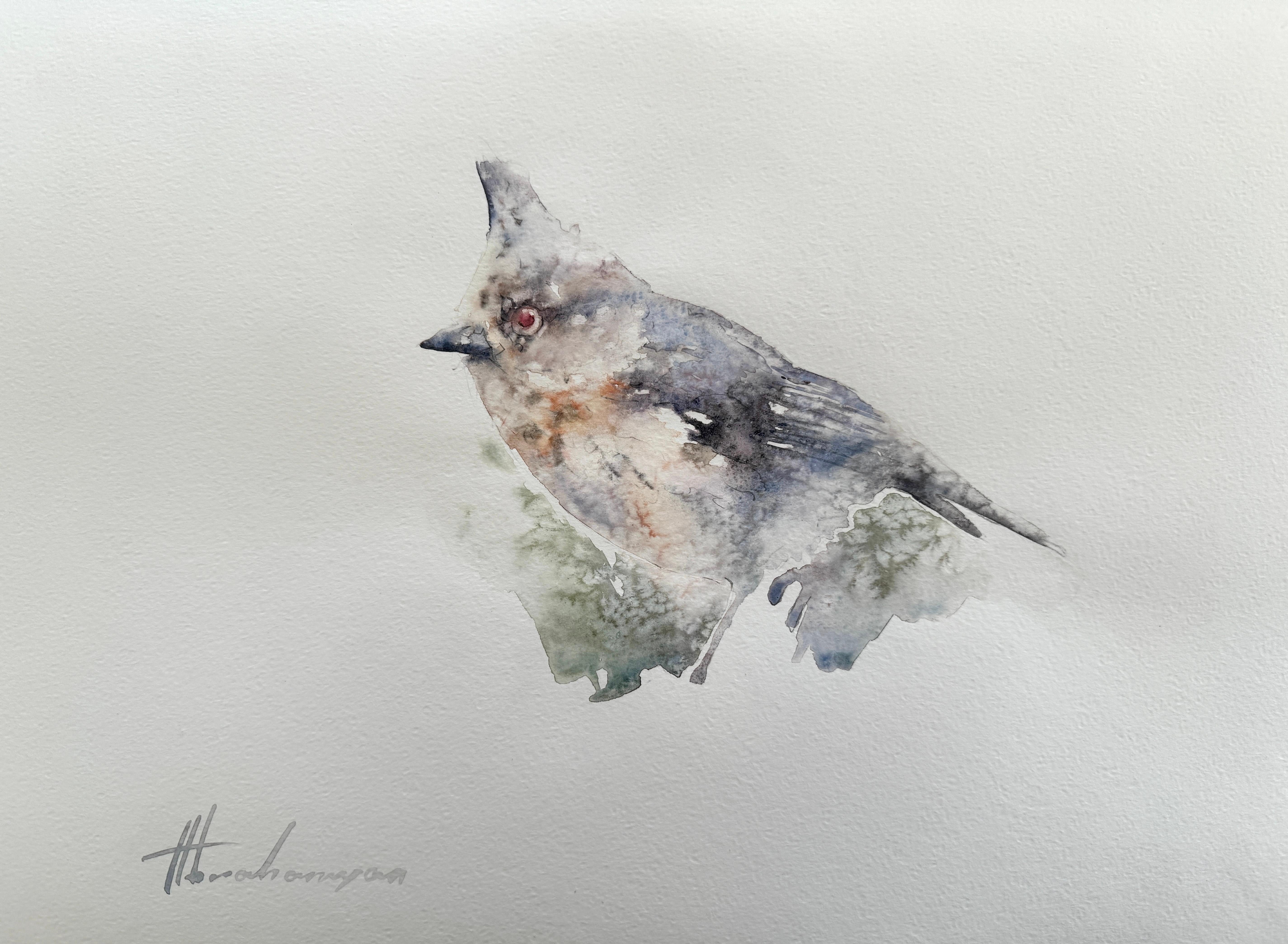 Artyom Abrahamyan Animal Art - Tufted Bird, Watercolor Handmade Painting, One of a Kind