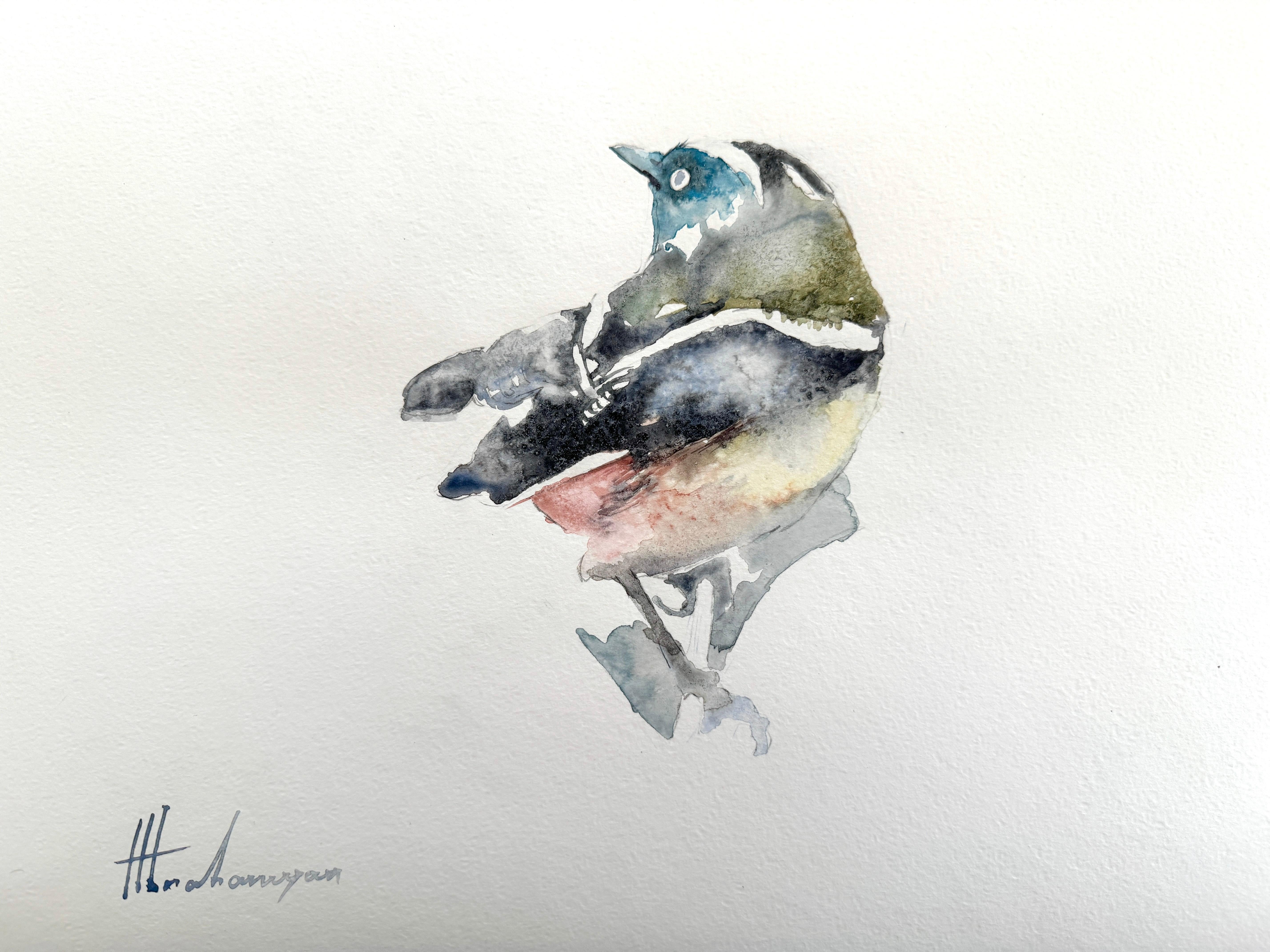 Artyom Abrahamyan Animal Art - Warbler, Bird, Watercolor Handmade Painting, One of a Kind