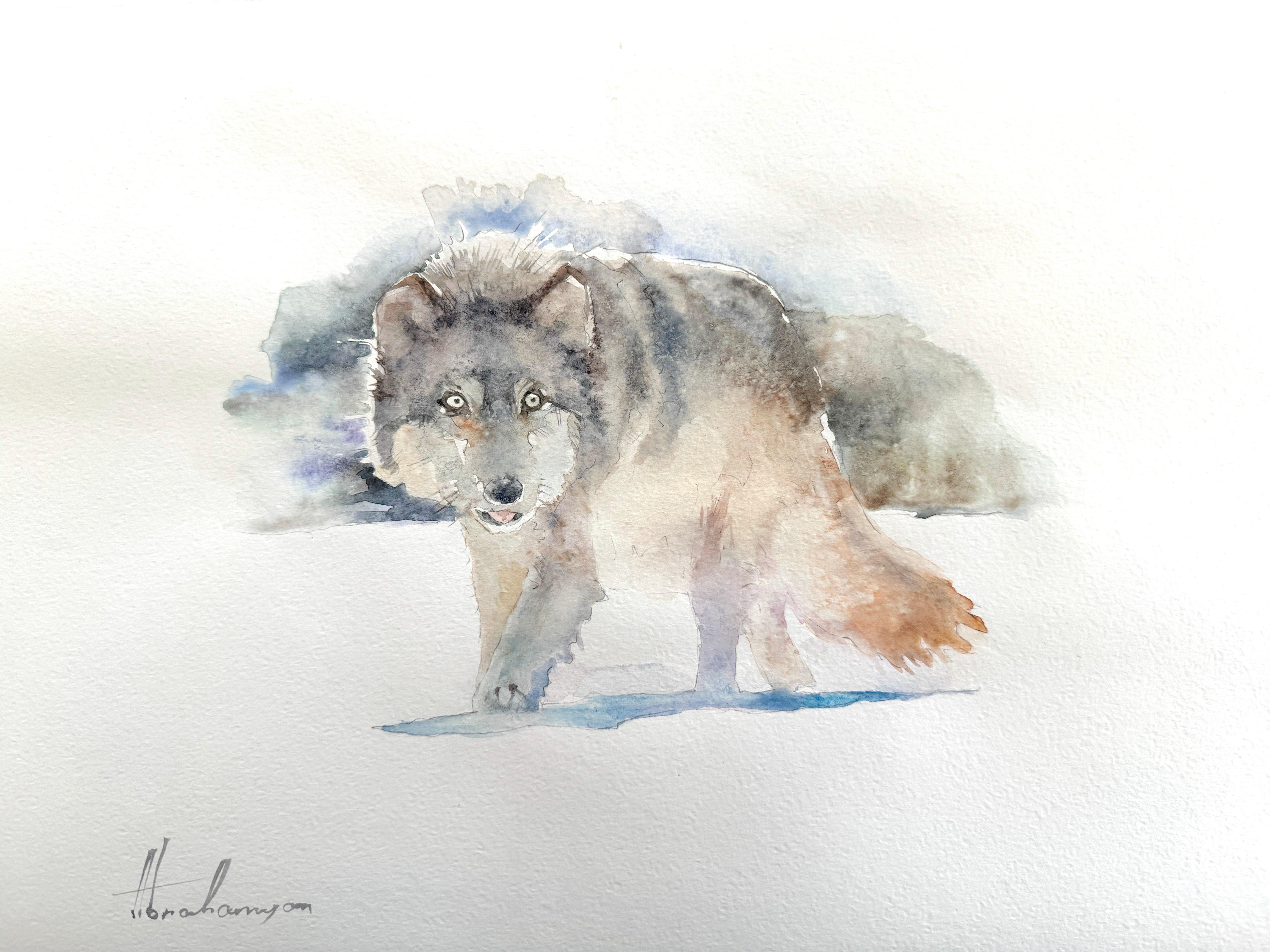 Artyom Abrahamyan Animal Art - Wolf, Watercolor Handmade Painting, One of a Kind