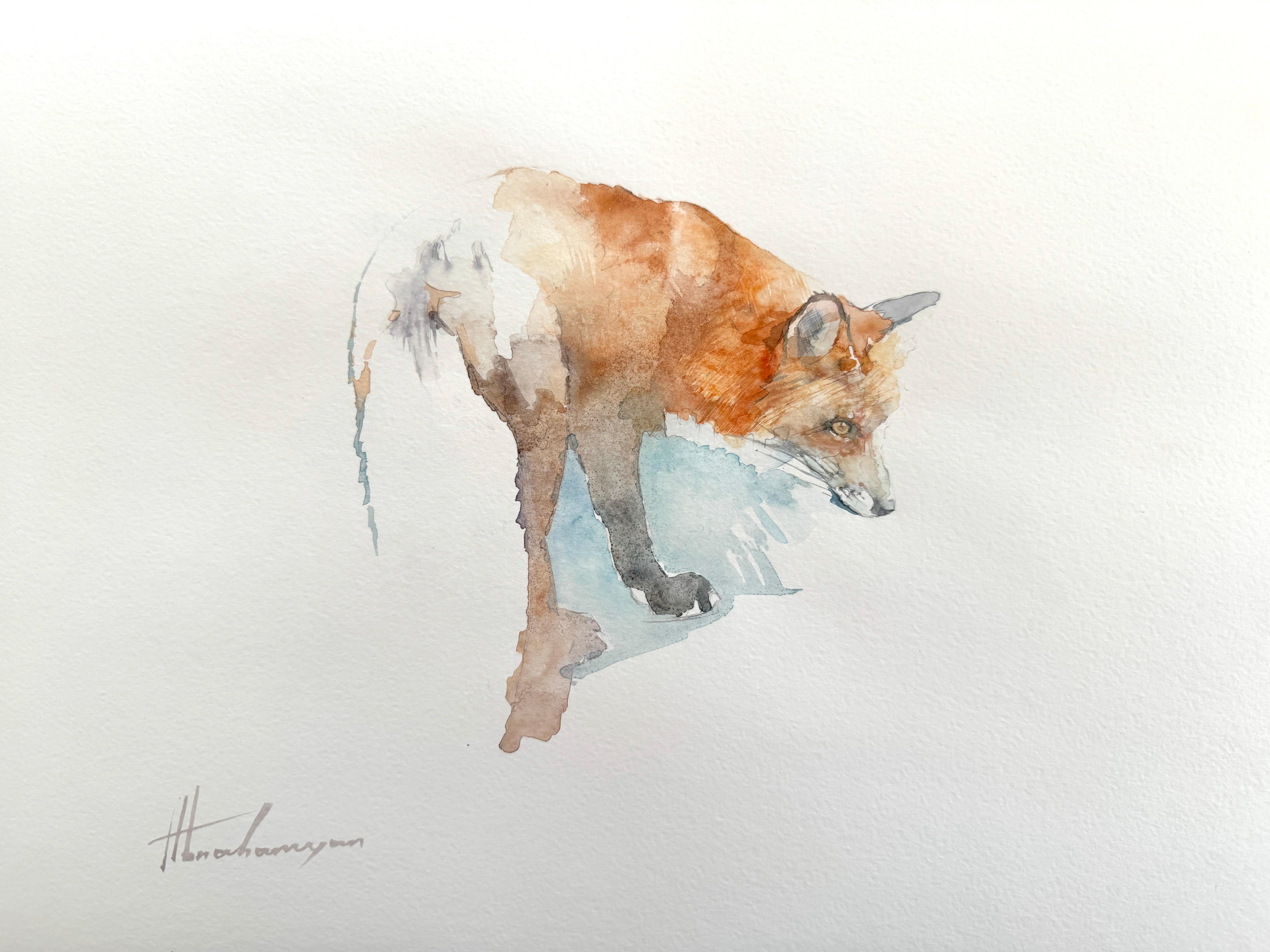 Artyom Abrahamyan Animal Art – Fuchs, Aquarell, handgefertigtes Gemälde, Unikat, Unikat