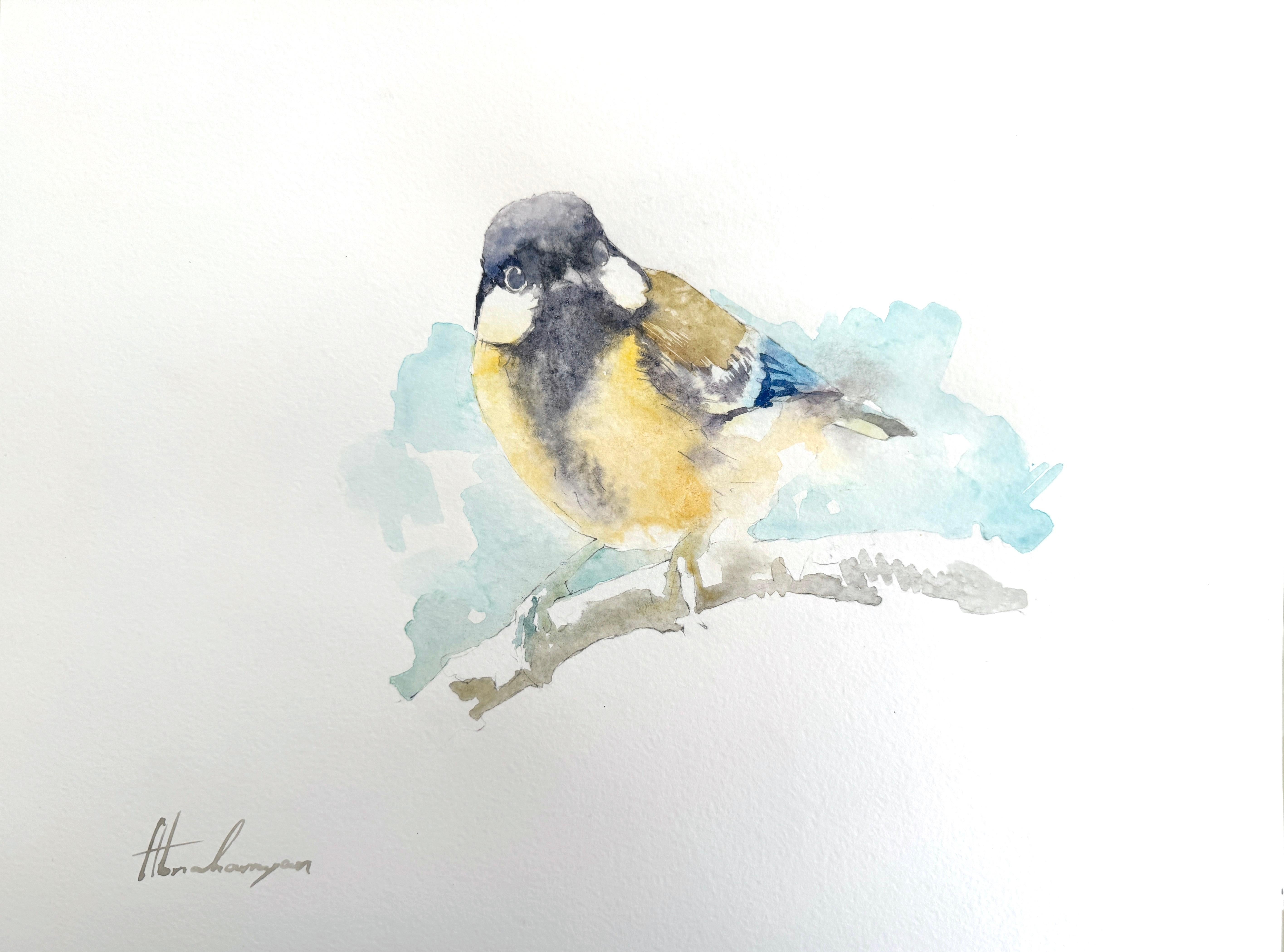 Artyom Abrahamyan Animal Art - Great Tit, Bird, Watercolor Handmade Painting, One of a Kind