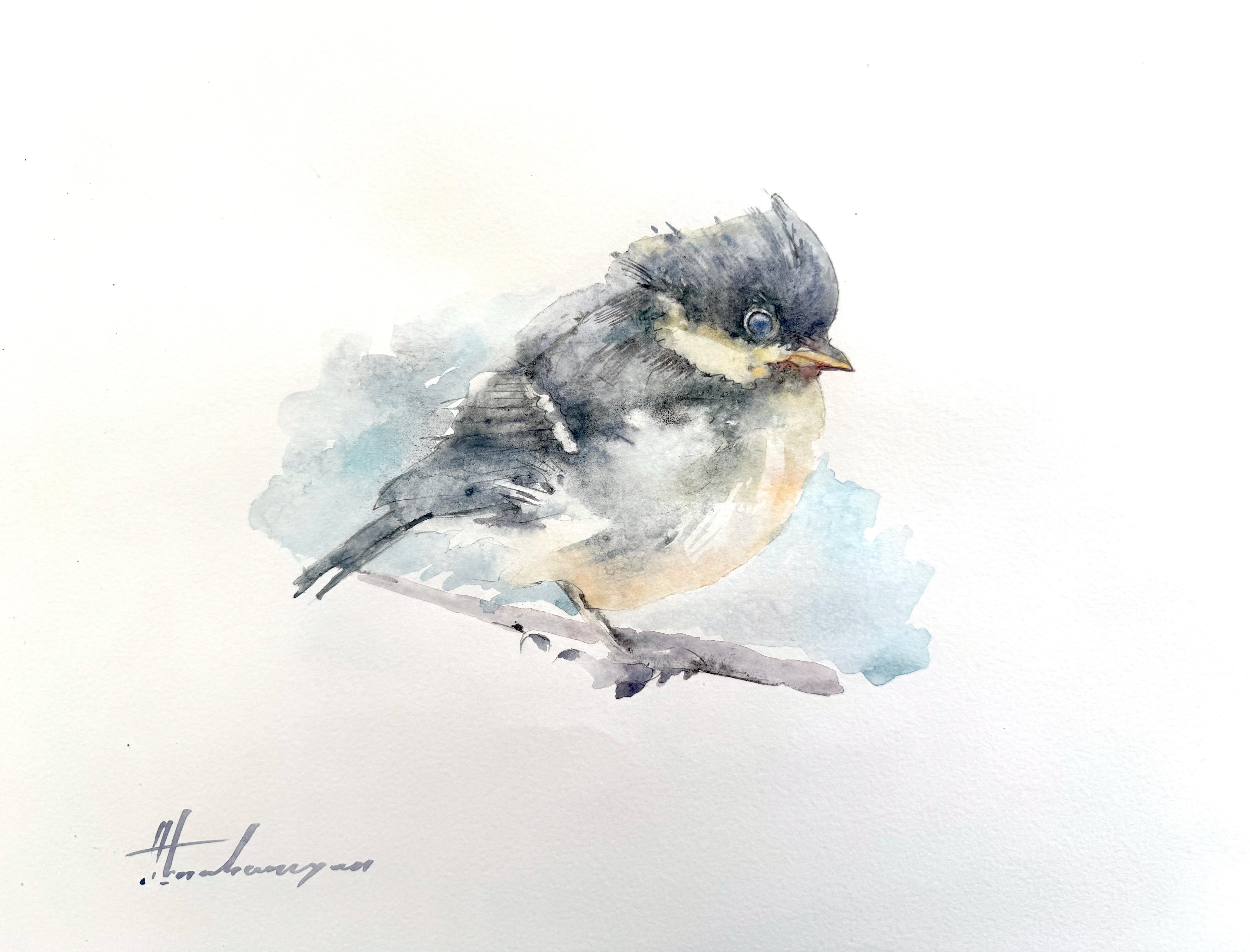 Artyom Abrahamyan Animal Art - Chickadee, Bird, Watercolor Handmade Painting, One of a Kind