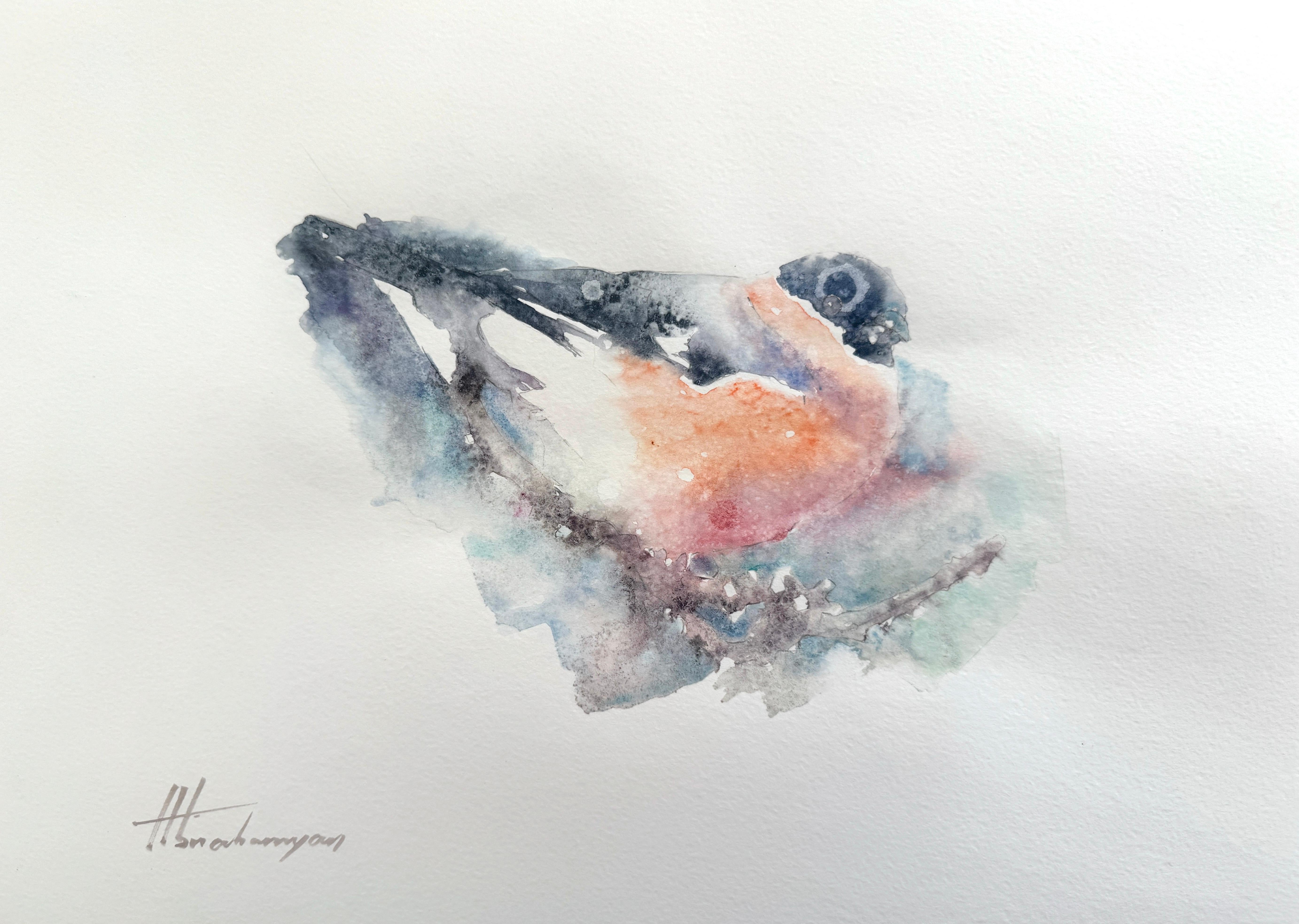 Artyom Abrahamyan Animal Art - Bullfinch, Bird, Watercolor Handmade Painting, One of a Kind