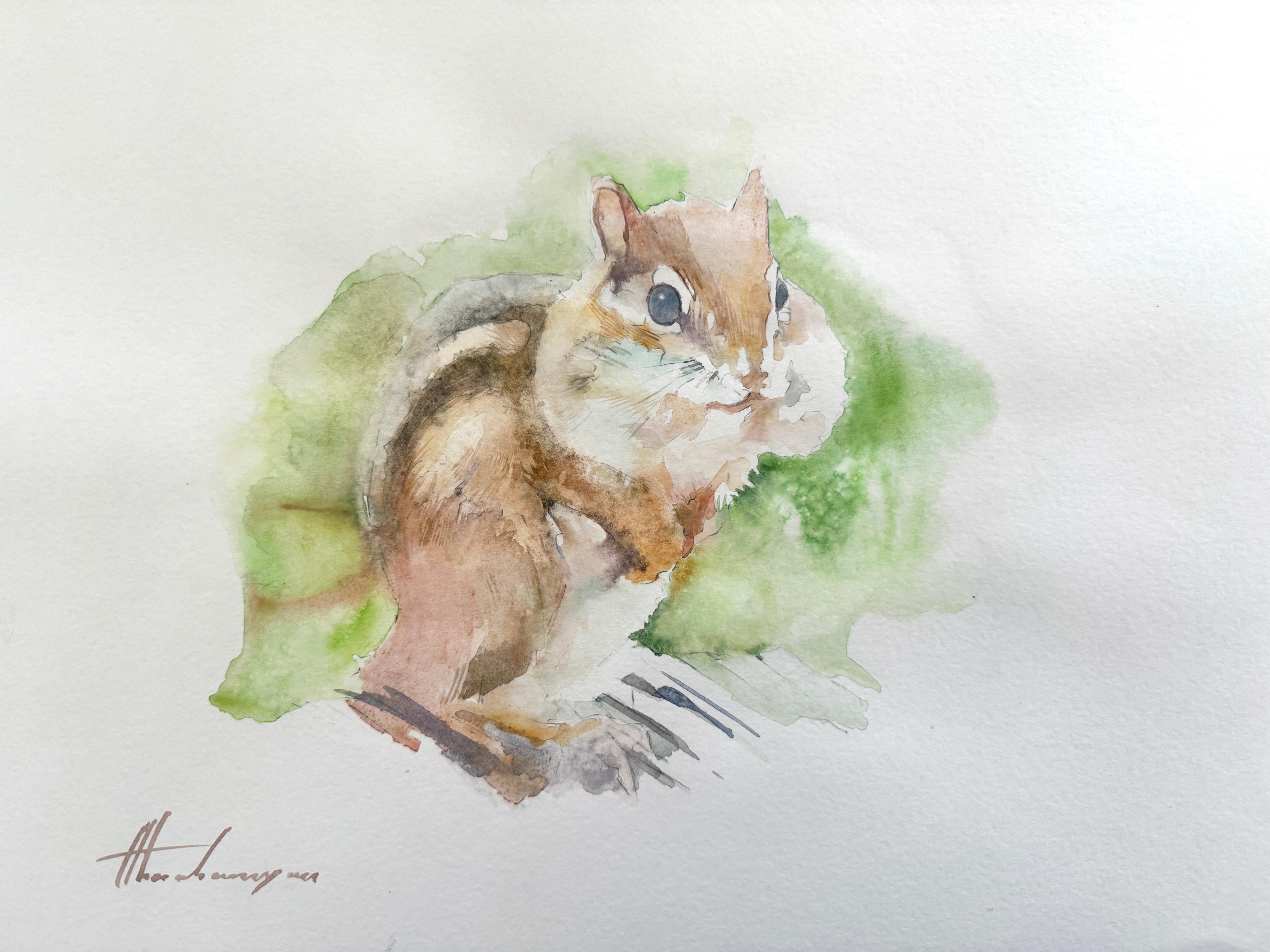Artyom Abrahamyan Animal Art - Chipmunk, Animal, Watercolor Handmade Painting, One of a Kind