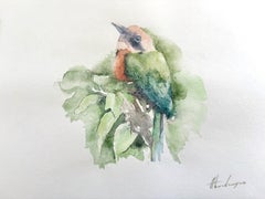 Green Bird, Watercolor Handmade Painting, One of a Kind