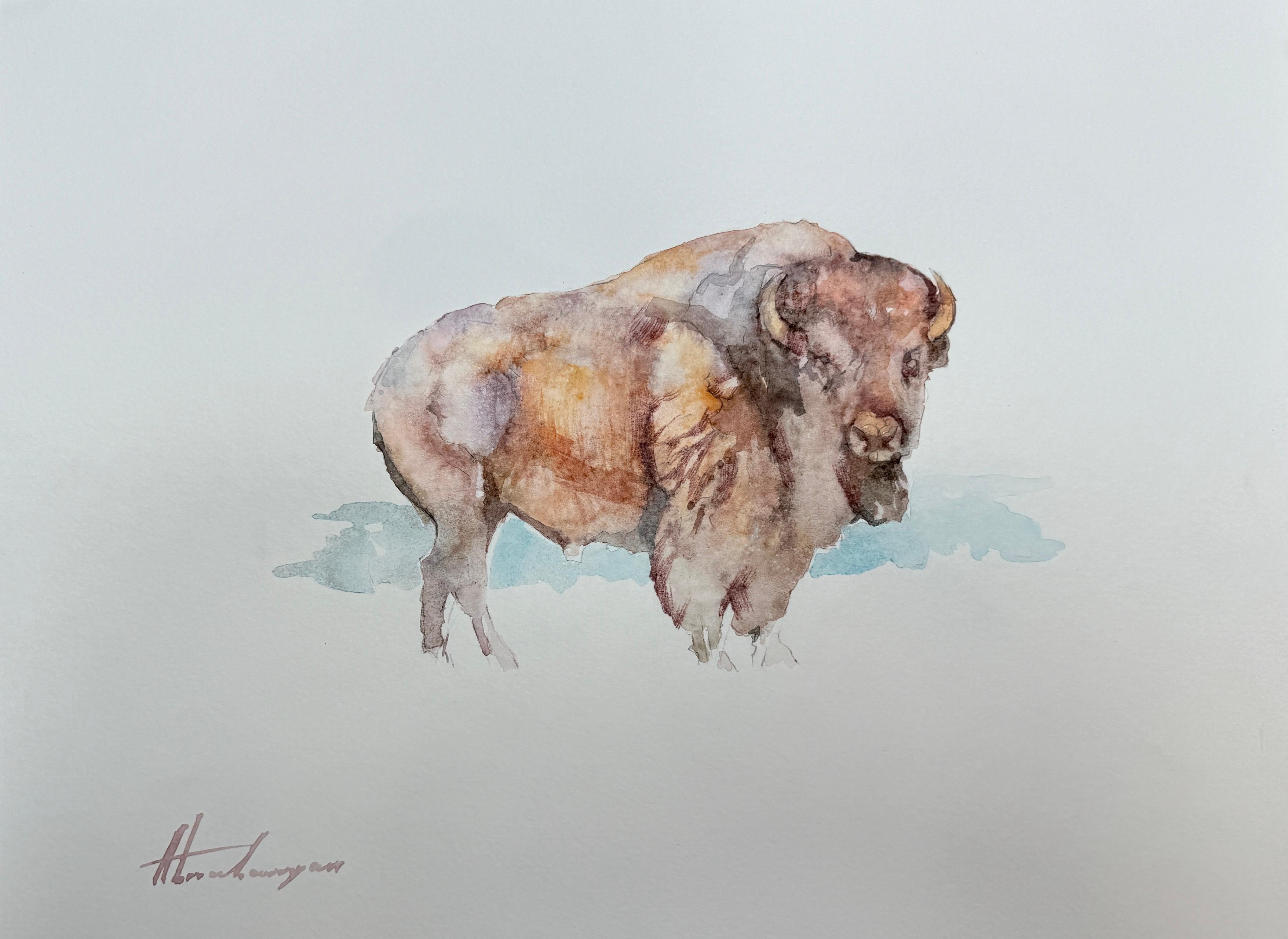 Artyom Abrahamyan Animal Art – Bison, Tier, Aquarell auf Papier, Handgefertigtes Gemälde, Unikat