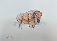 Bison, animal, aquarelle sur papier, peinture artisanale, unique en son genre