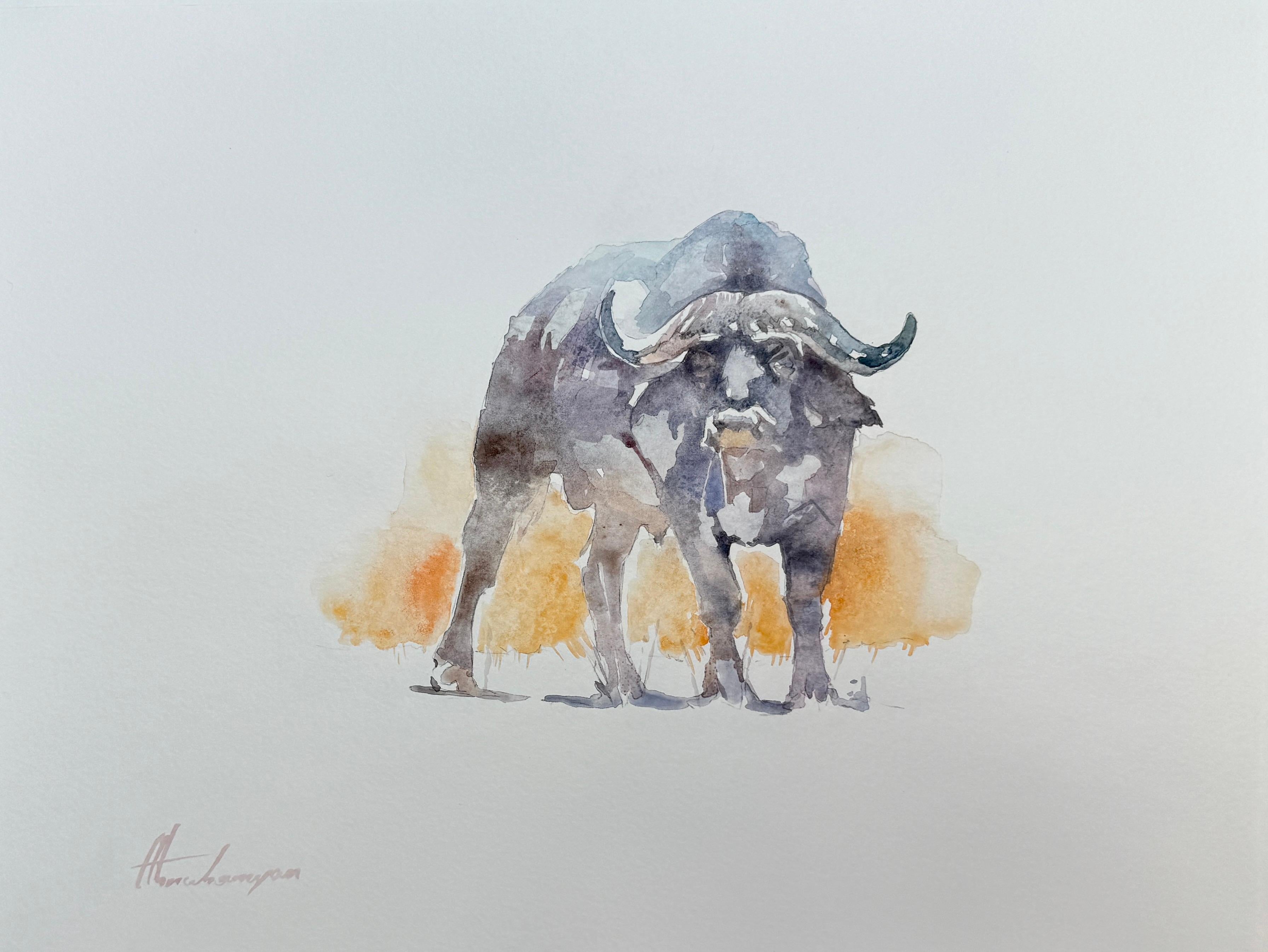 Artyom Abrahamyan Animal Art - Buffalo, Animal, Watercolor on Paper, Handmade Painting, One of a Kind