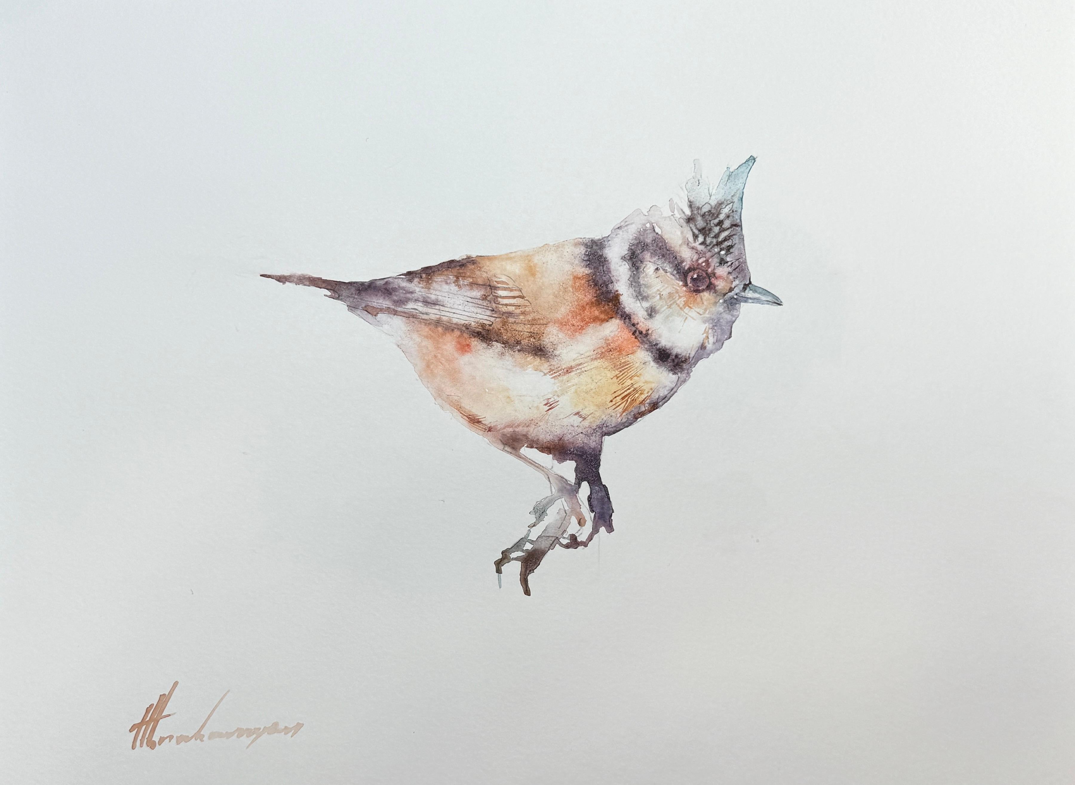 Artyom Abrahamyan Animal Art - Tufted Titmouse, Bird, Watercolor on Paper, Handmade Painting, One of a Kind