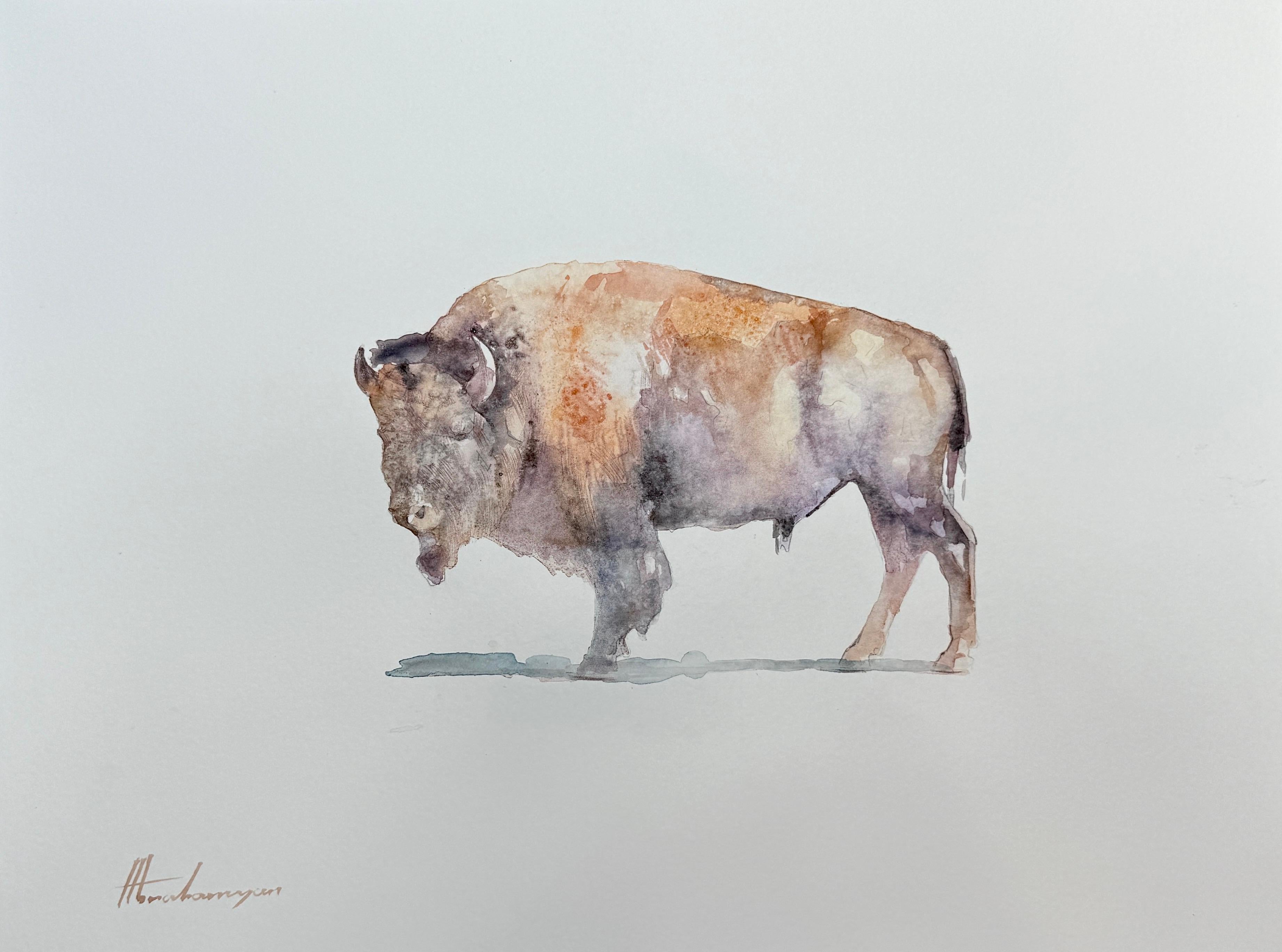Artyom Abrahamyan Animal Art - Bison, Animal, Watercolor on Paper, Handmade Painting, One of a Kind