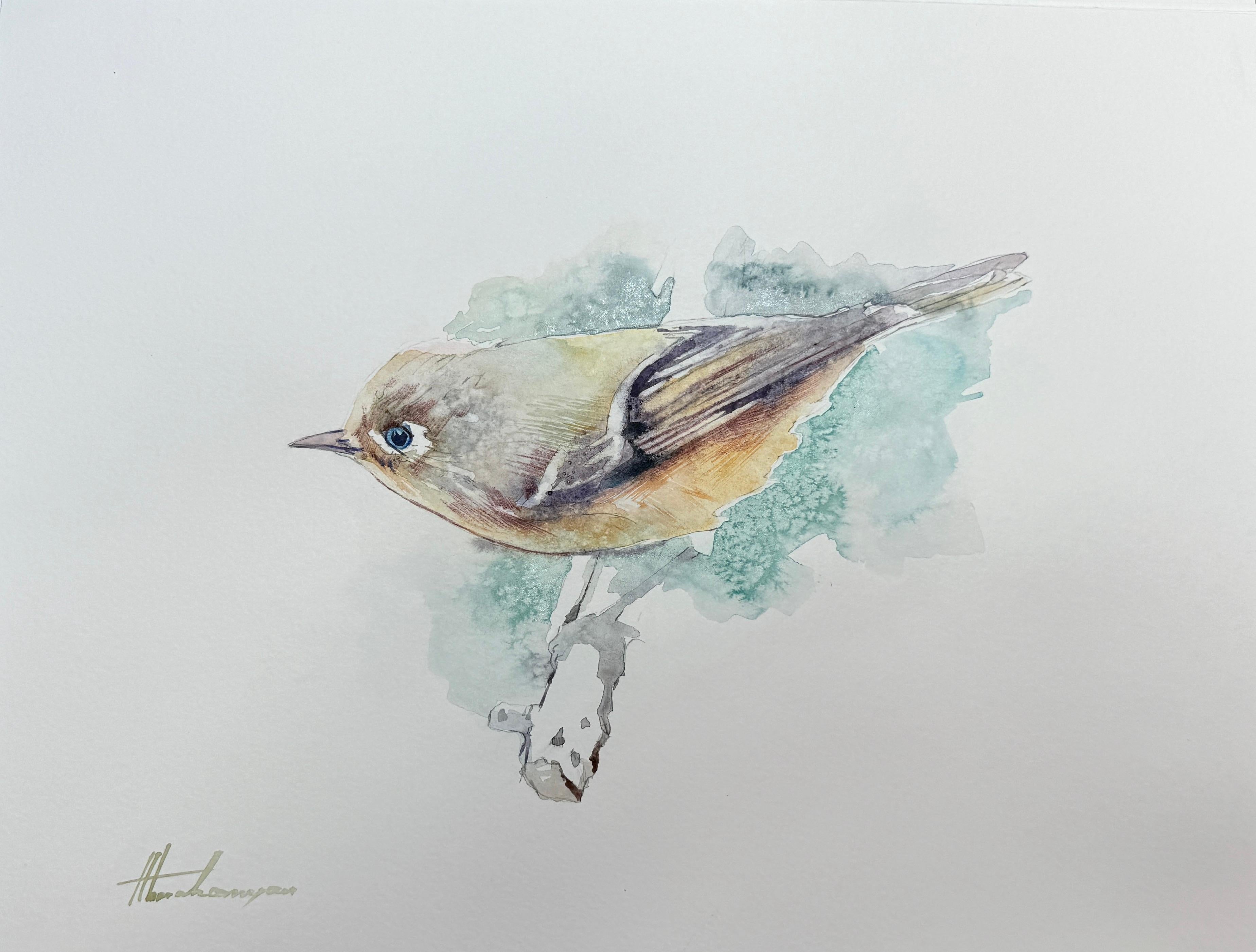 Artyom Abrahamyan Animal Art - Warbler, Bird, Watercolor on Paper, Handmade Painting, One of a Kind