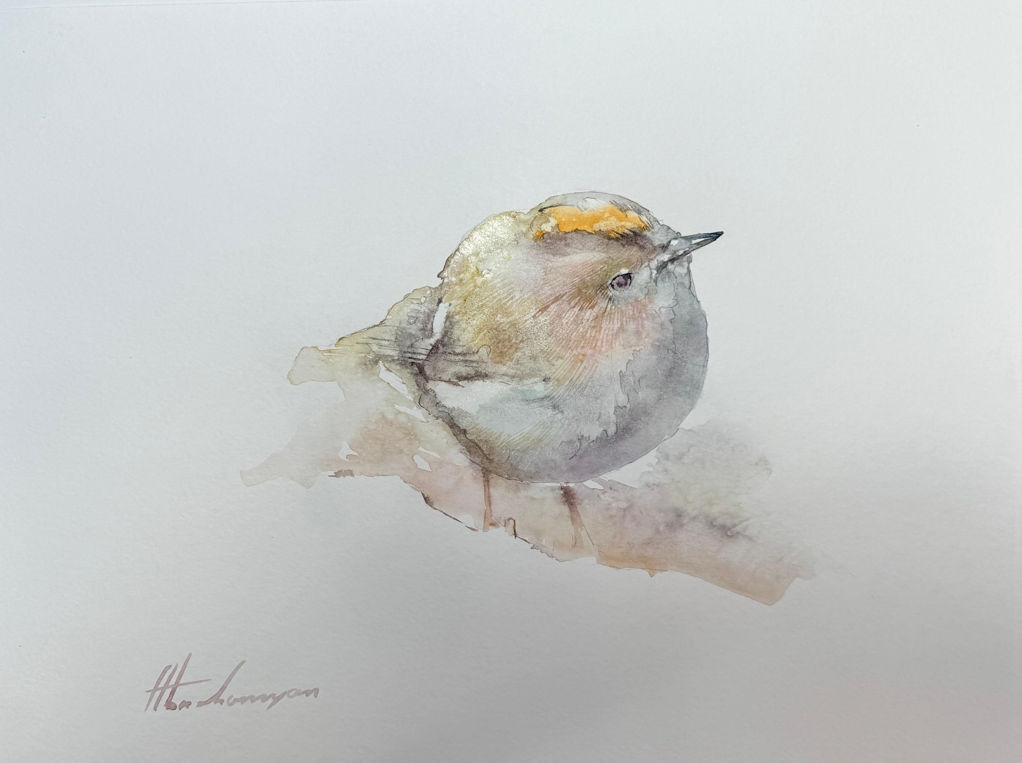 Artyom Abrahamyan Animal Art - Golden Crowned Kinglet, Watercolor on Paper, Handmade Painting, One of a Kind