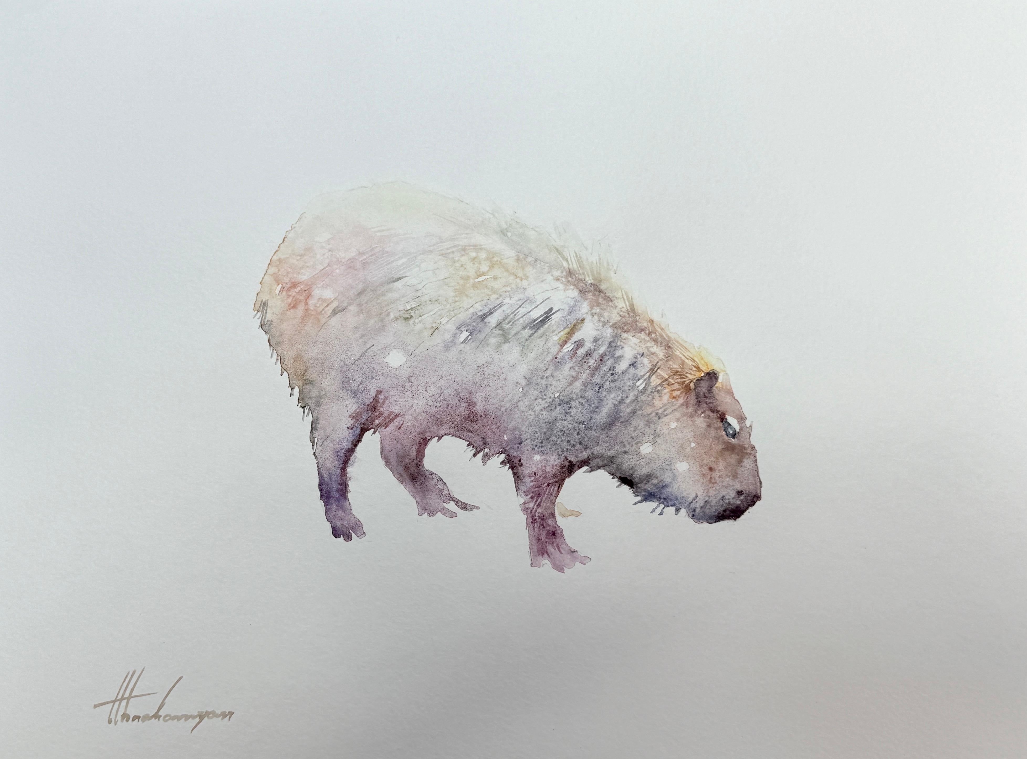 Artyom Abrahamyan Animal Art - Capybara, Animal, Watercolor on Paper, Handmade Painting, One of a Kind