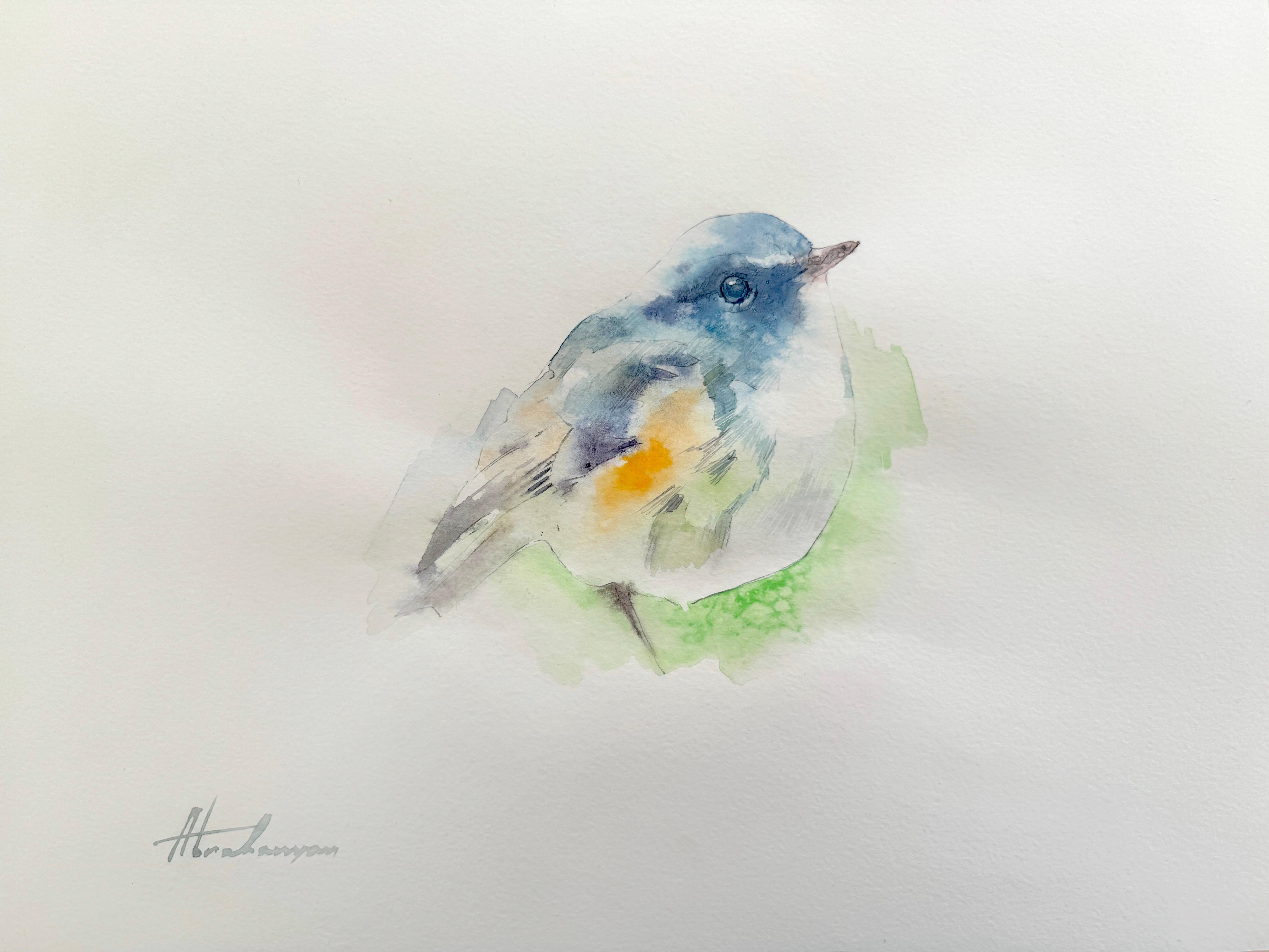 Artyom Abrahamyan Animal Art – Blauschwanz, Vogel, Aquarell auf Papier, handgefertigtes Gemälde, Unikat