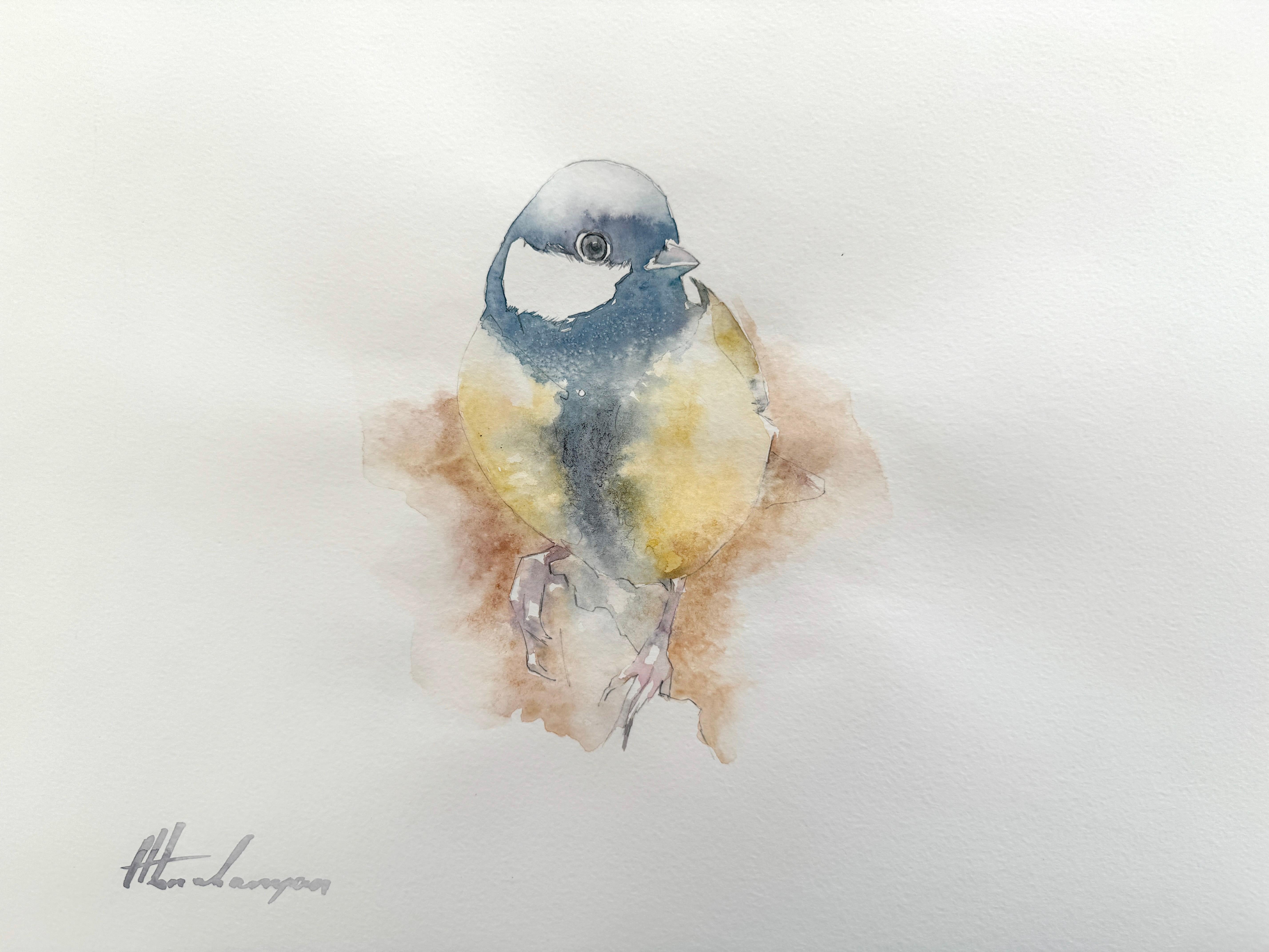 Artyom Abrahamyan Animal Art - Great Tit, Bird, Watercolor on Paper, Handmade Painting, One of a Kind