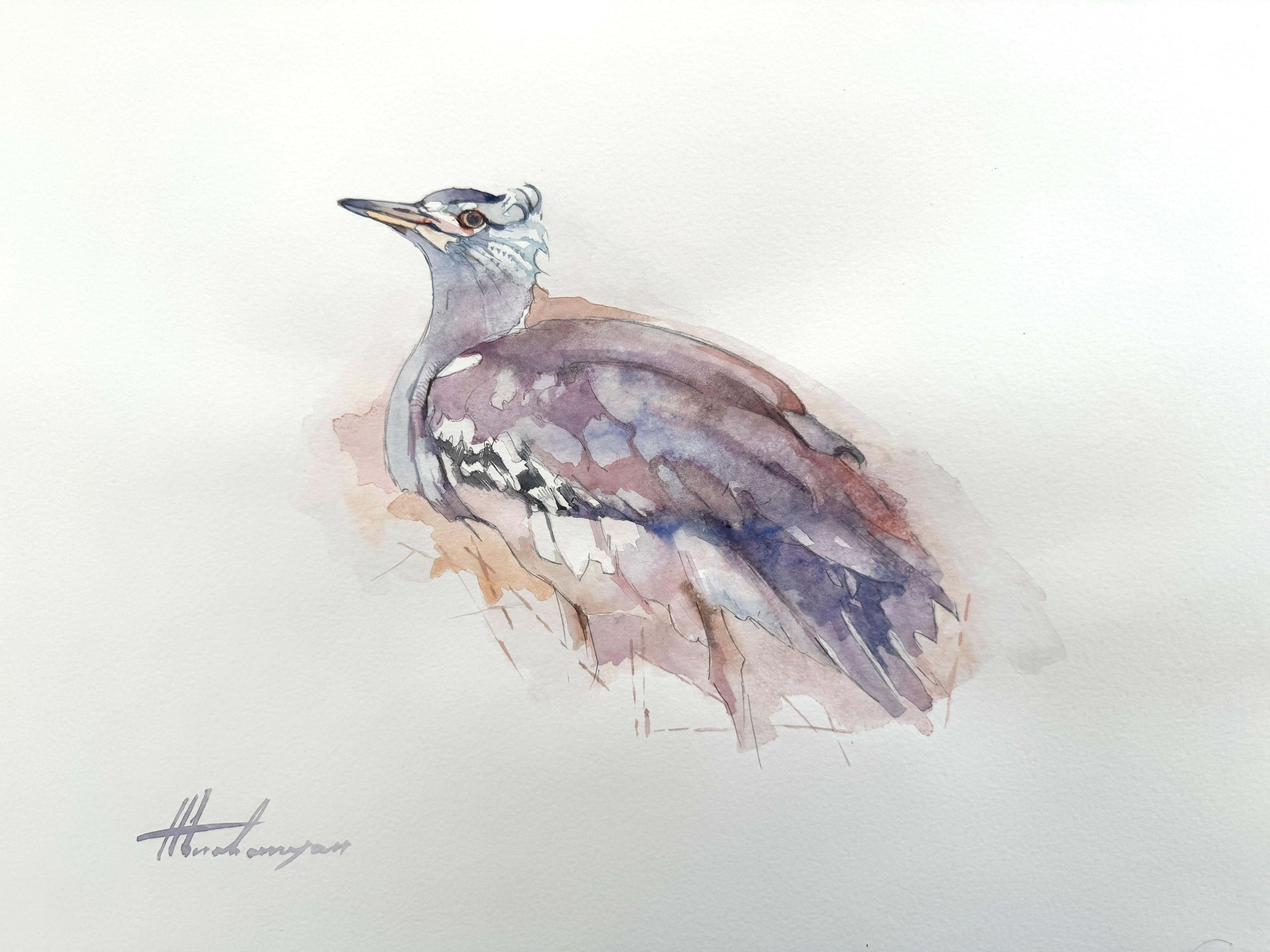 Artyom Abrahamyan Animal Art - Kori Bustard, Bird, Watercolor on Paper, Handmade Painting, One of a Kind