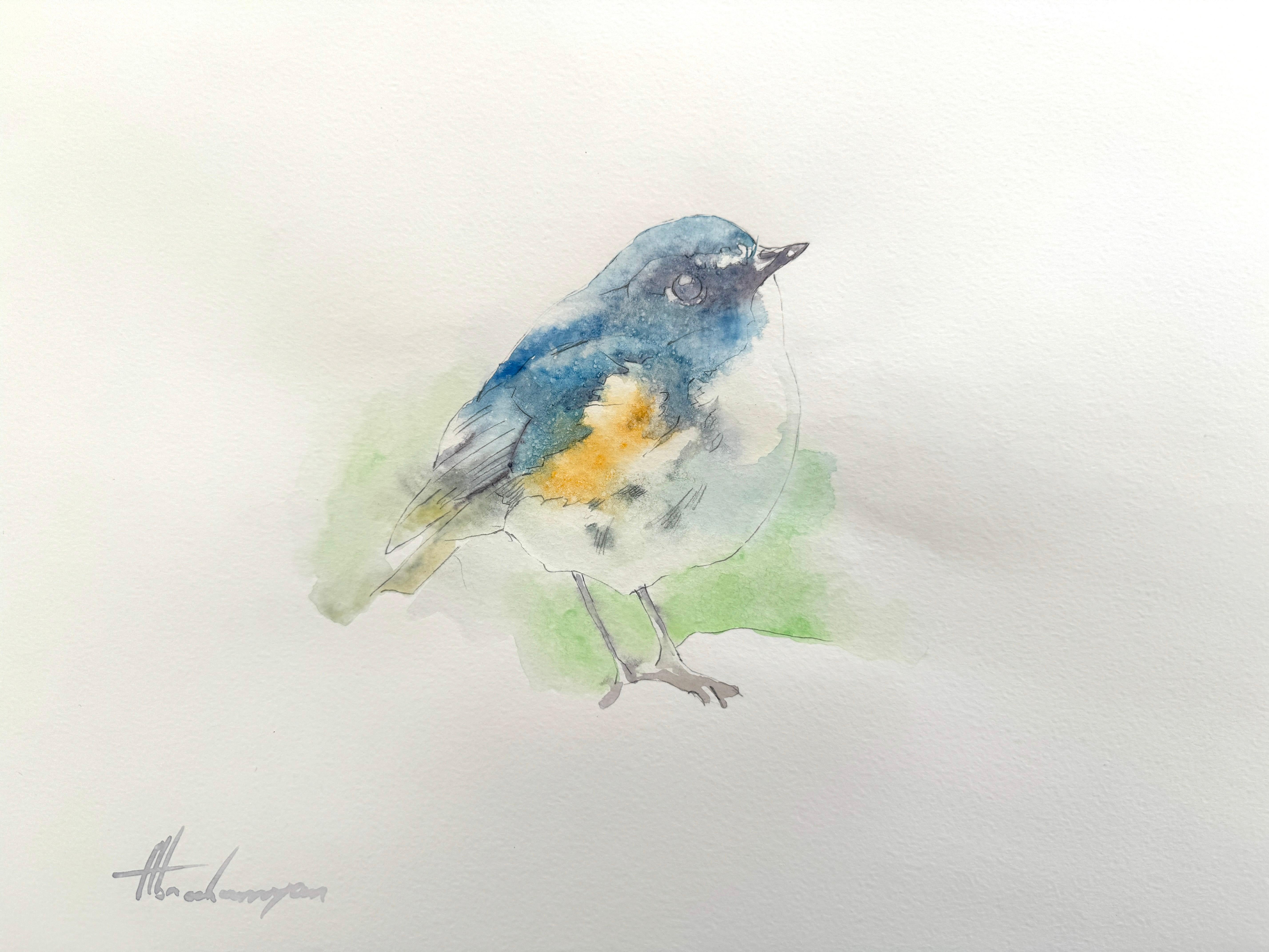 Artyom Abrahamyan Animal Art - Blue-tail, Bird, Watercolor on Paper, Handmade Painting, One of a Kind