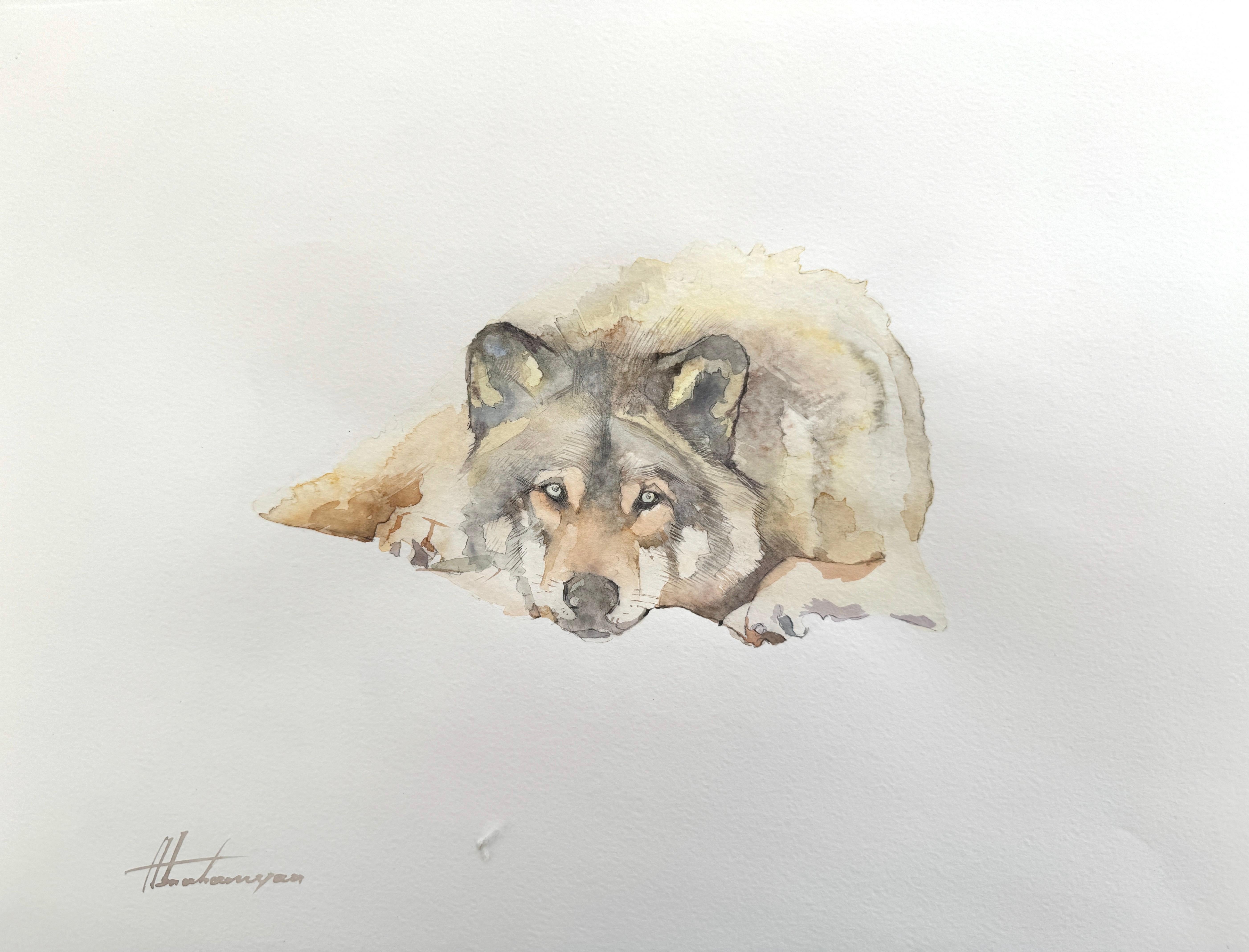 Artyom Abrahamyan Animal Art - Wolf, Animal Watercolor on Paper, Handmade Painting, One of a Kind