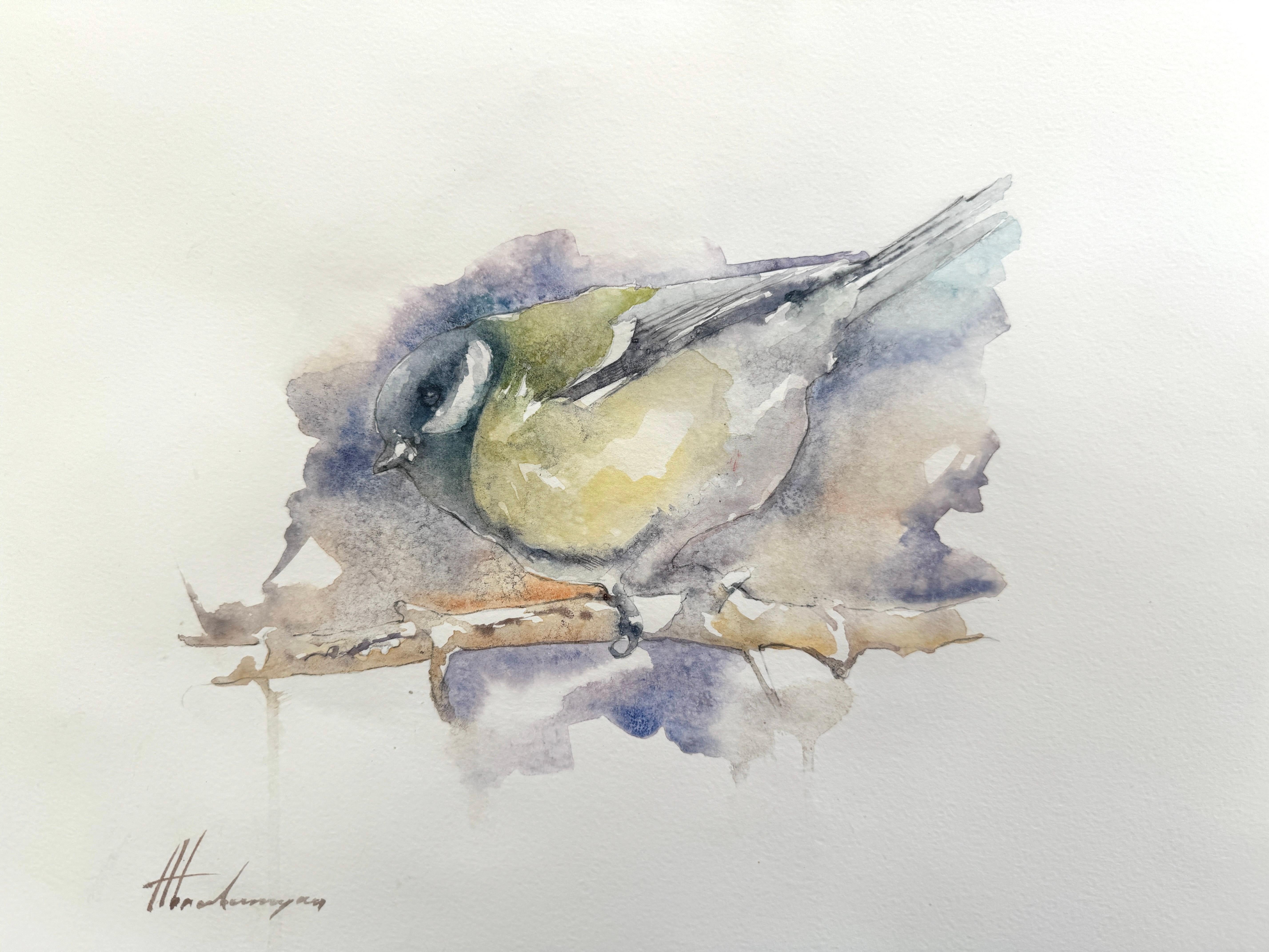 Artyom Abrahamyan Animal Art – Großer Tit, Vogel, Aquarell auf Papier, Handgefertigtes Gemälde, Unikat