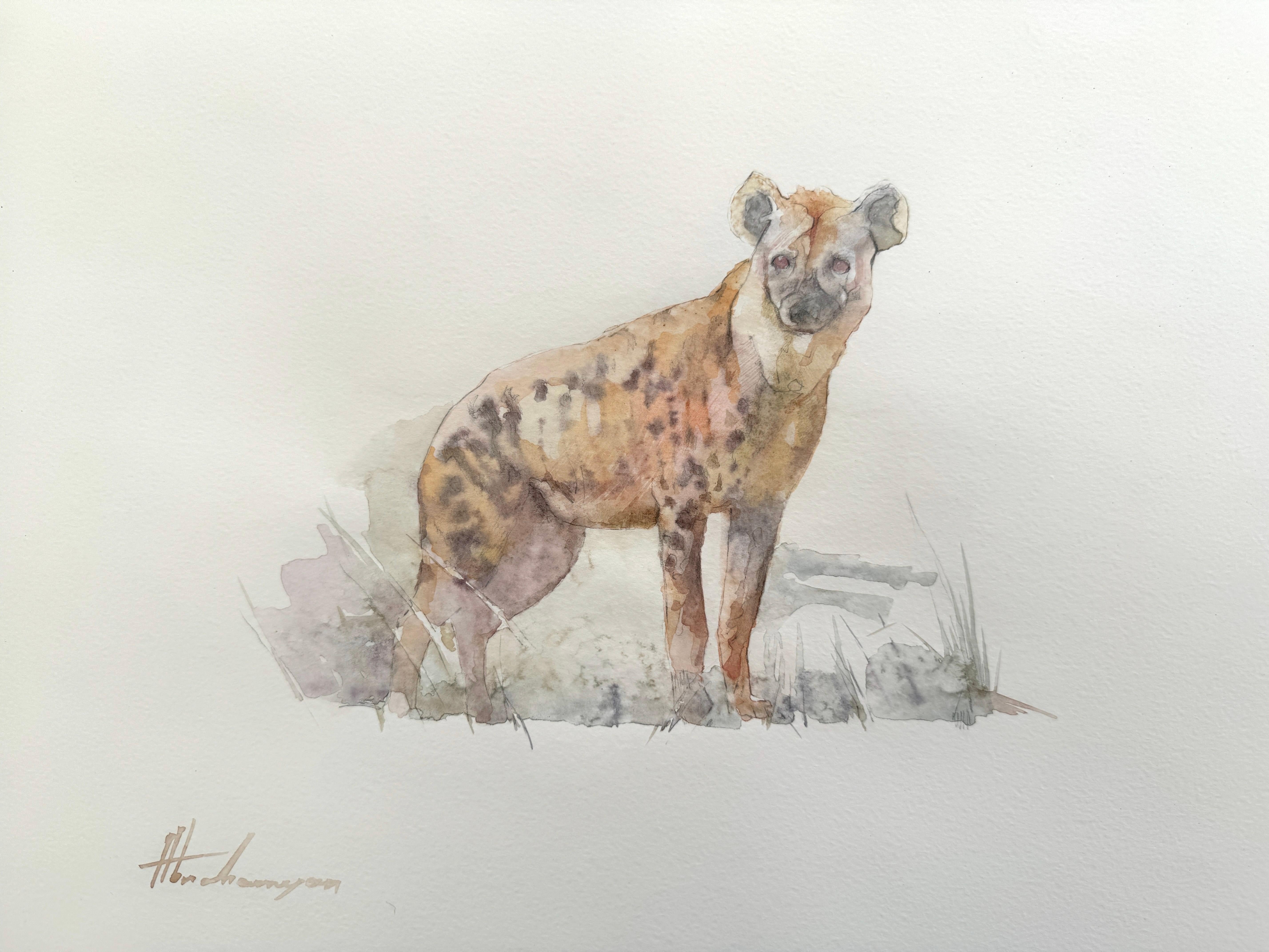 Artyom Abrahamyan Animal Art – Hyena, Wildtier, Aquarell auf Papier, Handgefertigtes Gemälde, Unikat