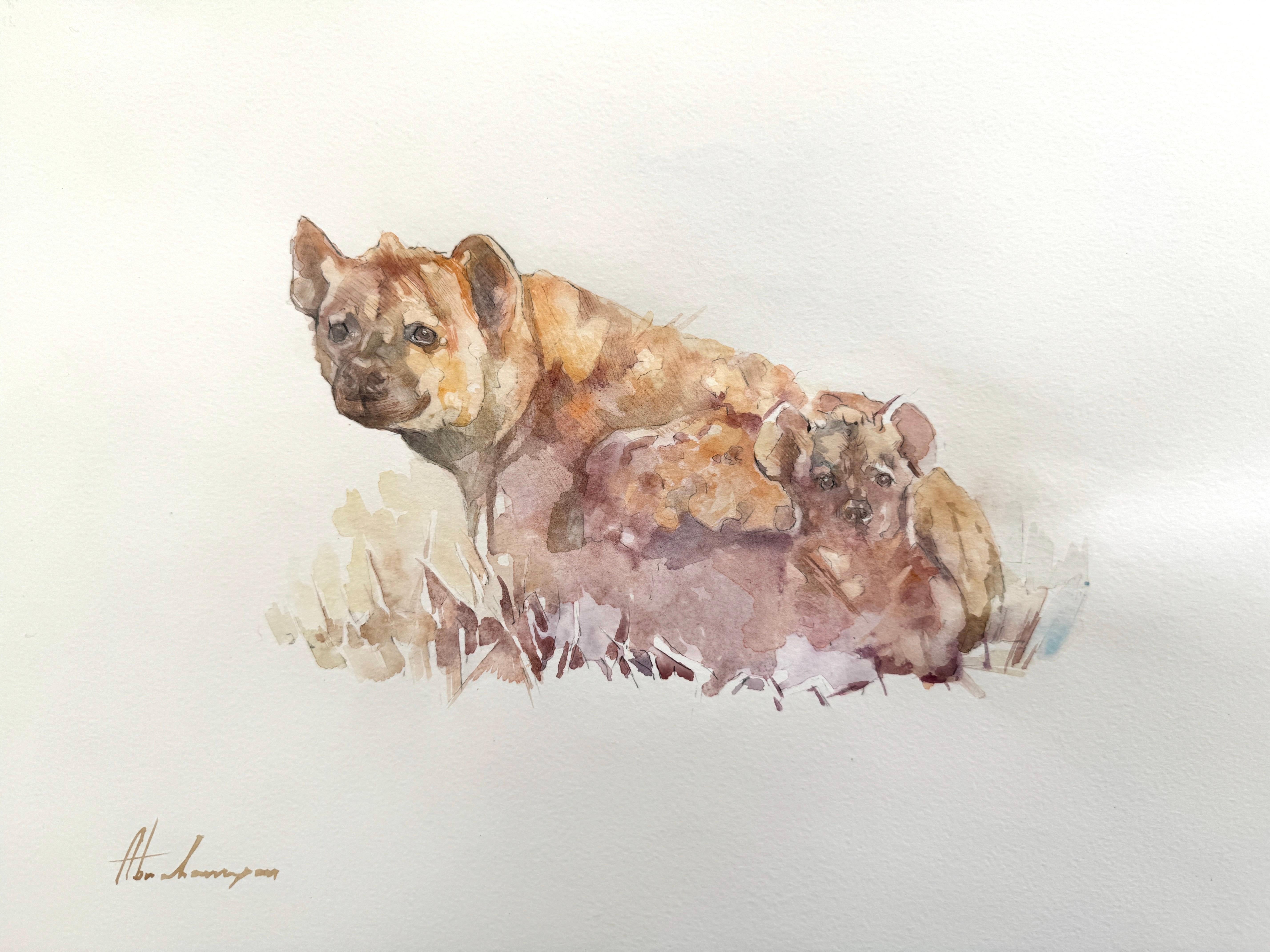 Artyom Abrahamyan Animal Art – Hyenas, Wildtier, Aquarell auf Papier, Handgefertigtes Gemälde, Unikat