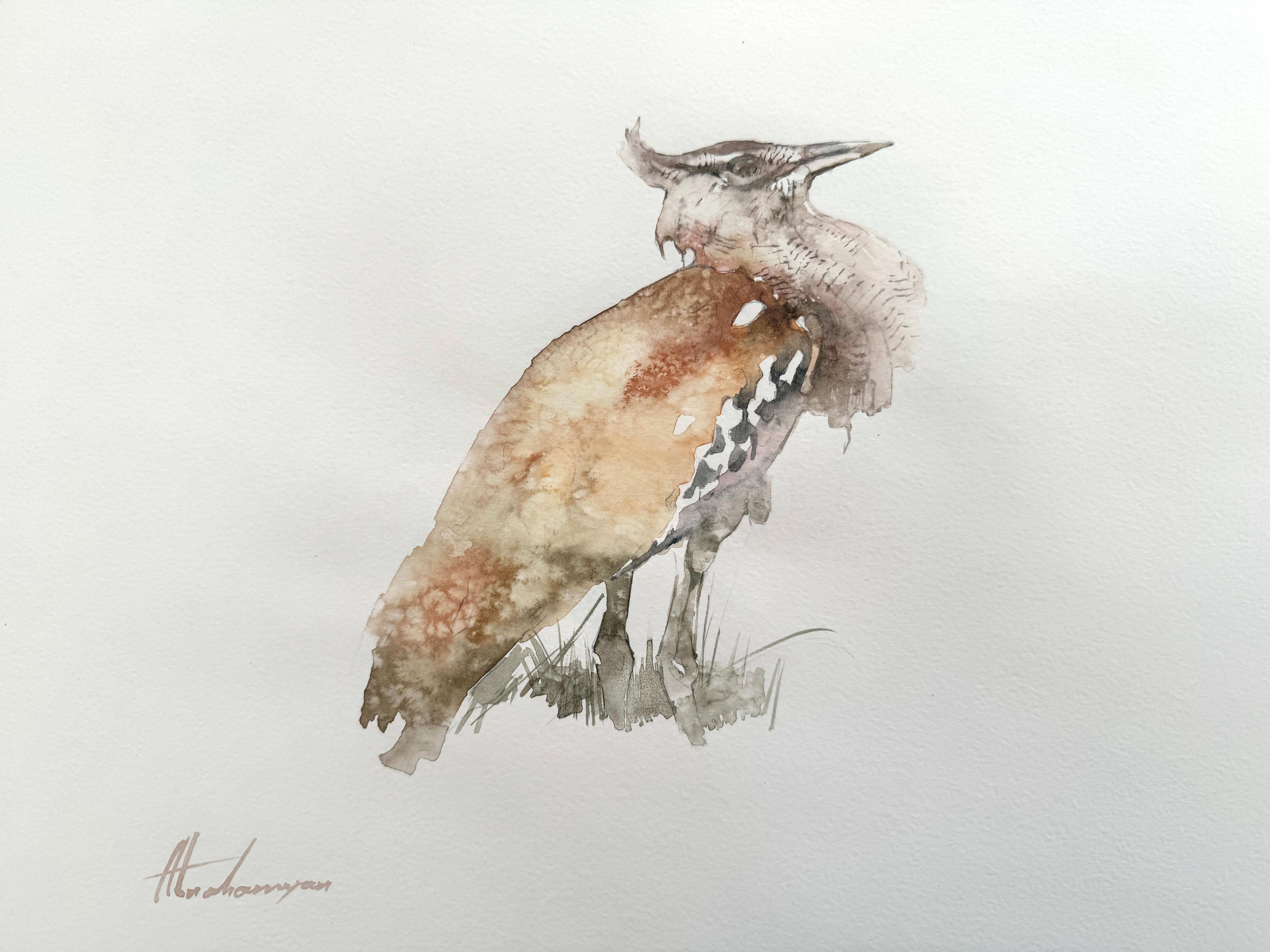 Animal Art Artyom Abrahamyan - Kori Bustard, oiseau, aquarelle sur papier, peinture faite à la main, unique en son genre