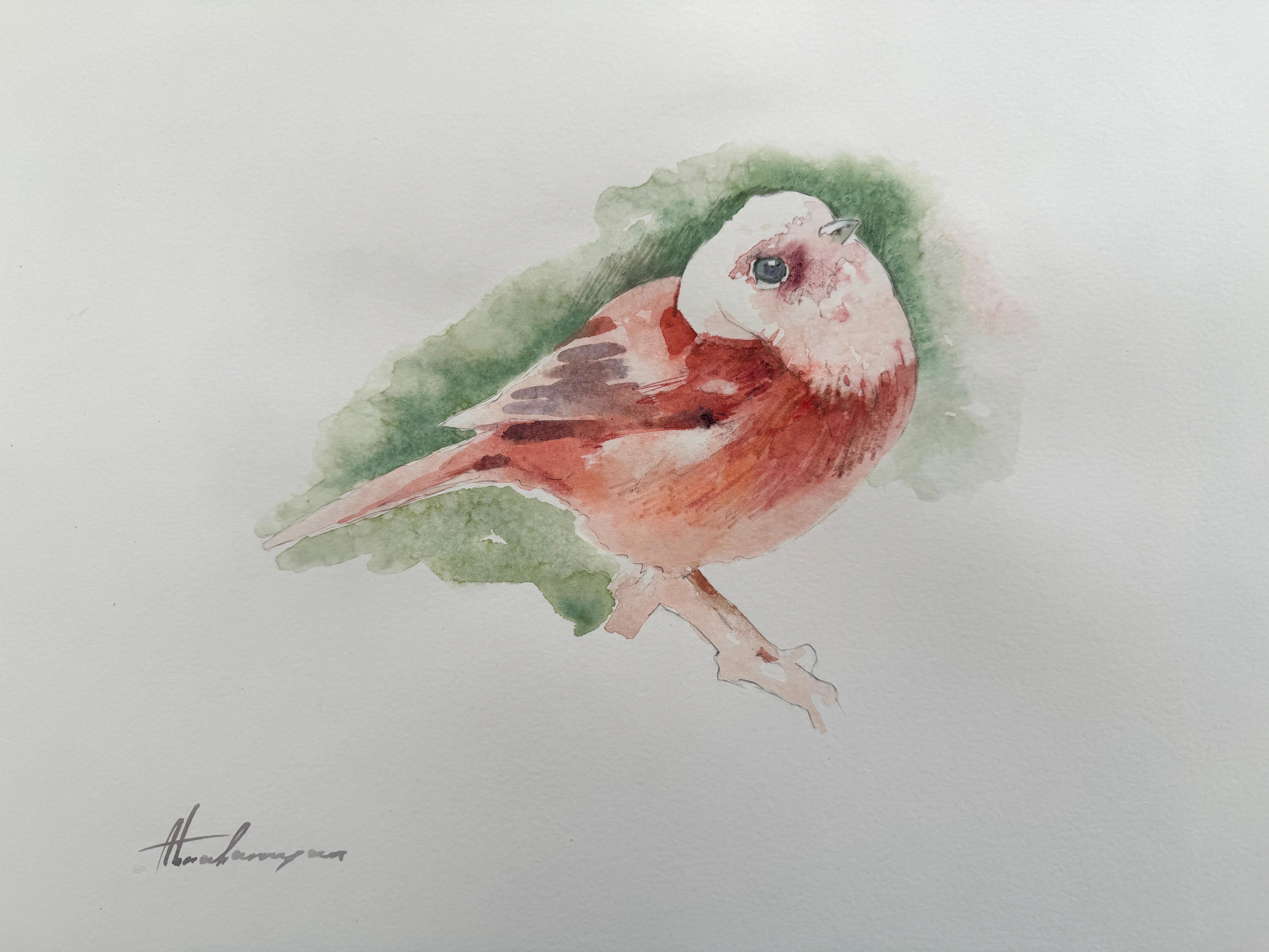 Artyom Abrahamyan Animal Art - Pink Bird, Watercolor on Paper, Handmade Painting, One of a Kind