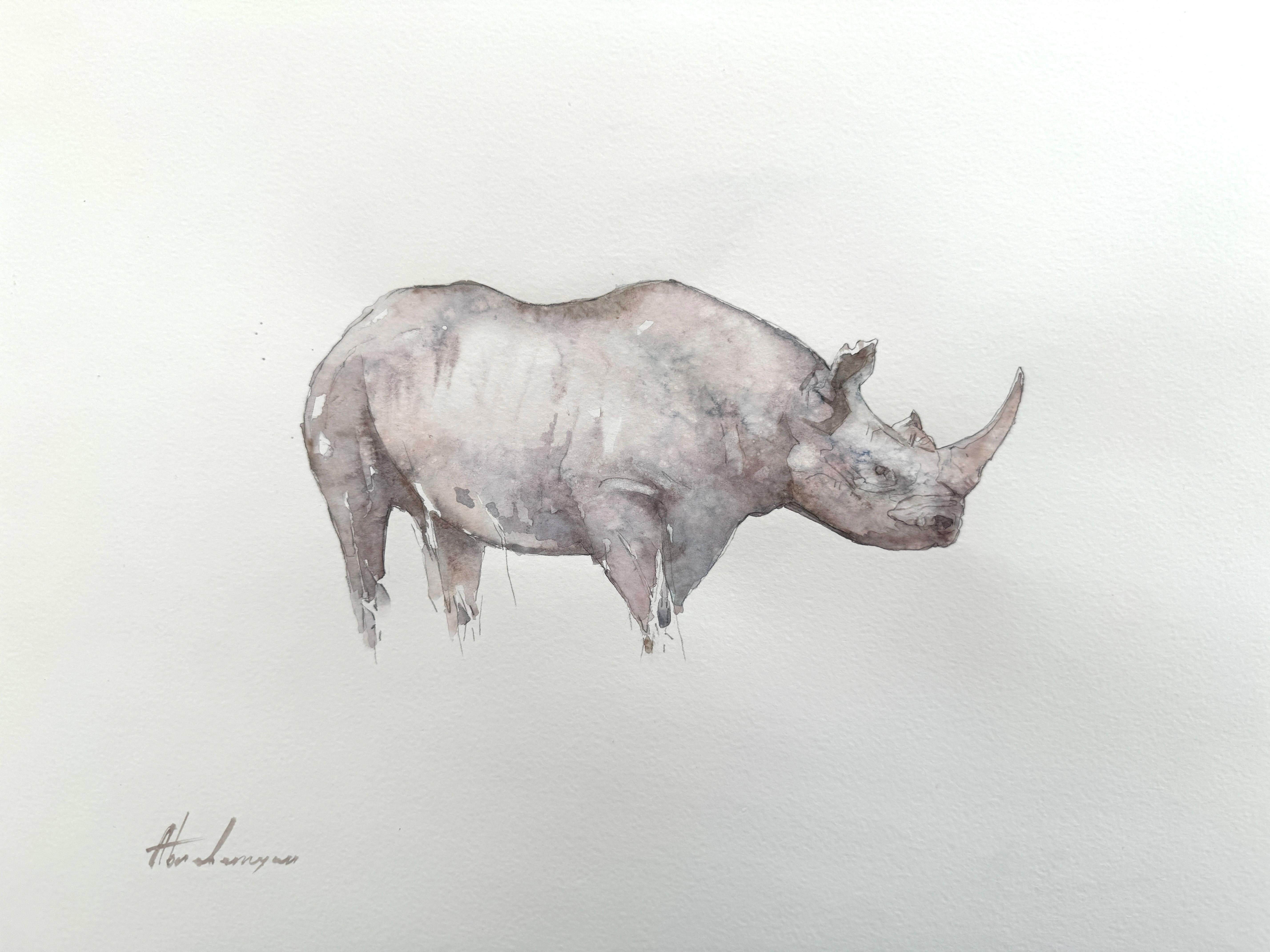 Artyom Abrahamyan Animal Art - Rhinoceros, Wild animal, watercolor on Paper, Handmade Painting, One of a Kind