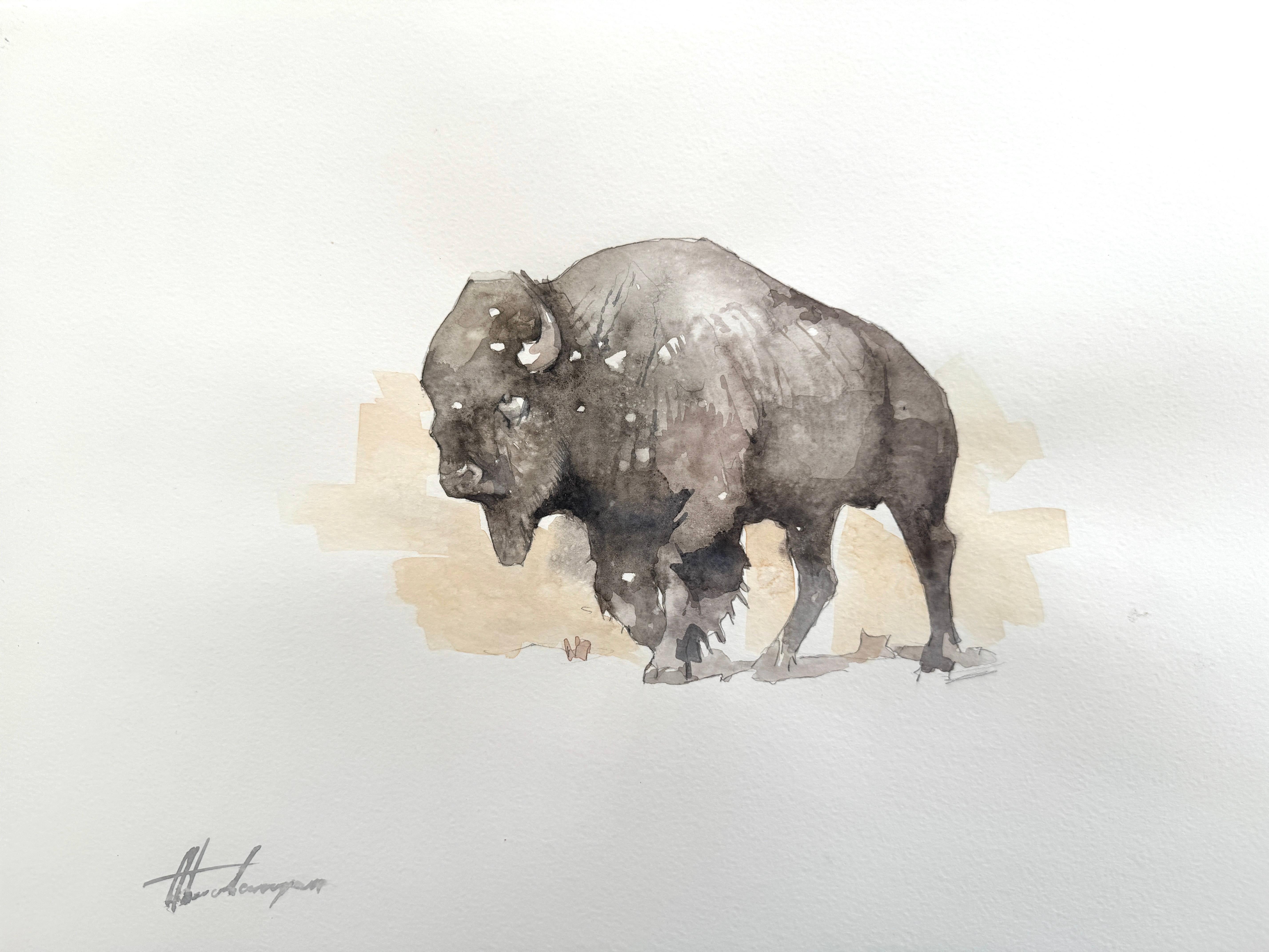 Artyom Abrahamyan Animal Art - Bison, Watercolor on Paper, Handmade Painting, One of a Kind