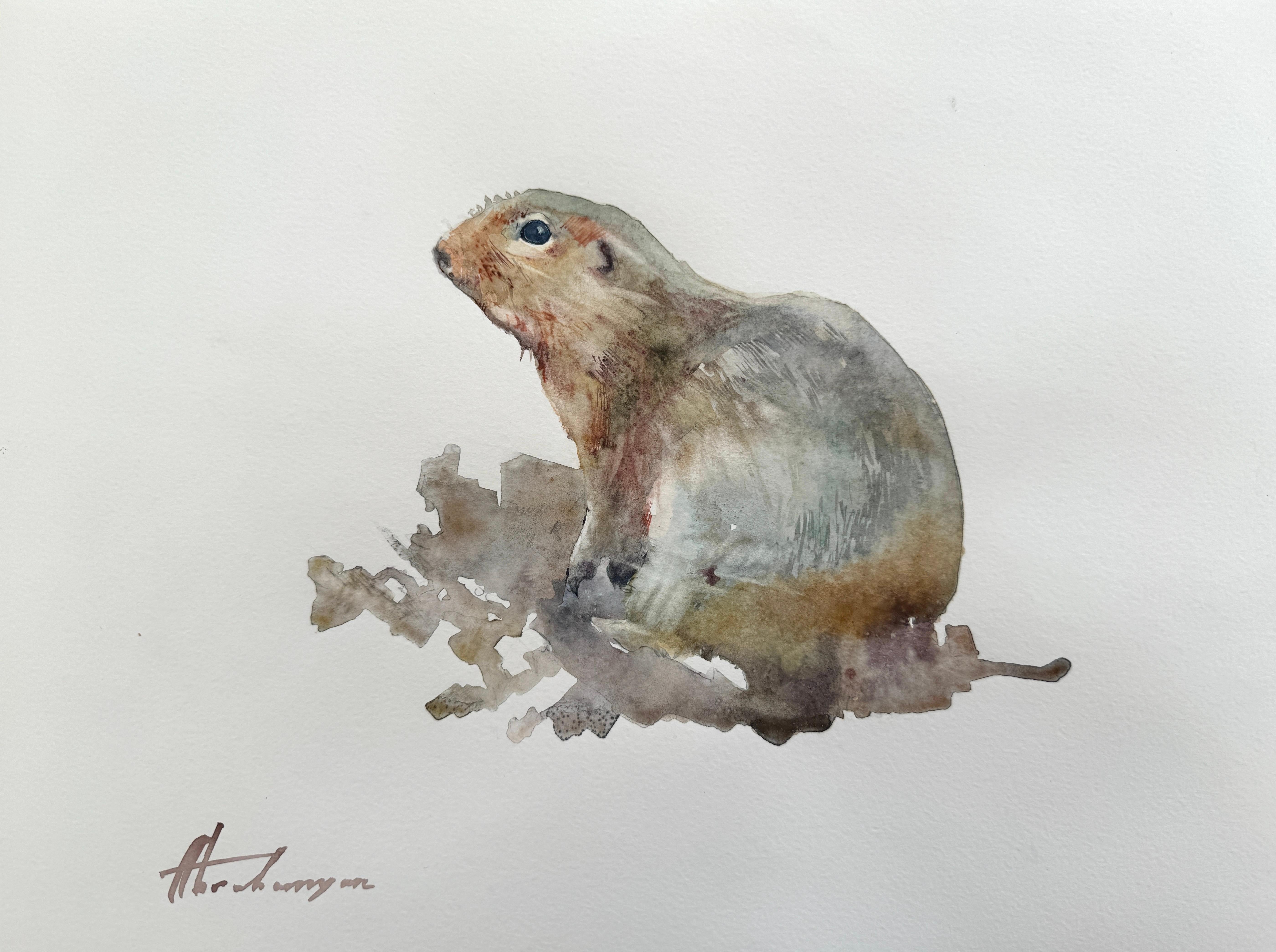 Artyom Abrahamyan Animal Art - Beaver, Watercolor on Paper, Handmade Painting, One of a Kind