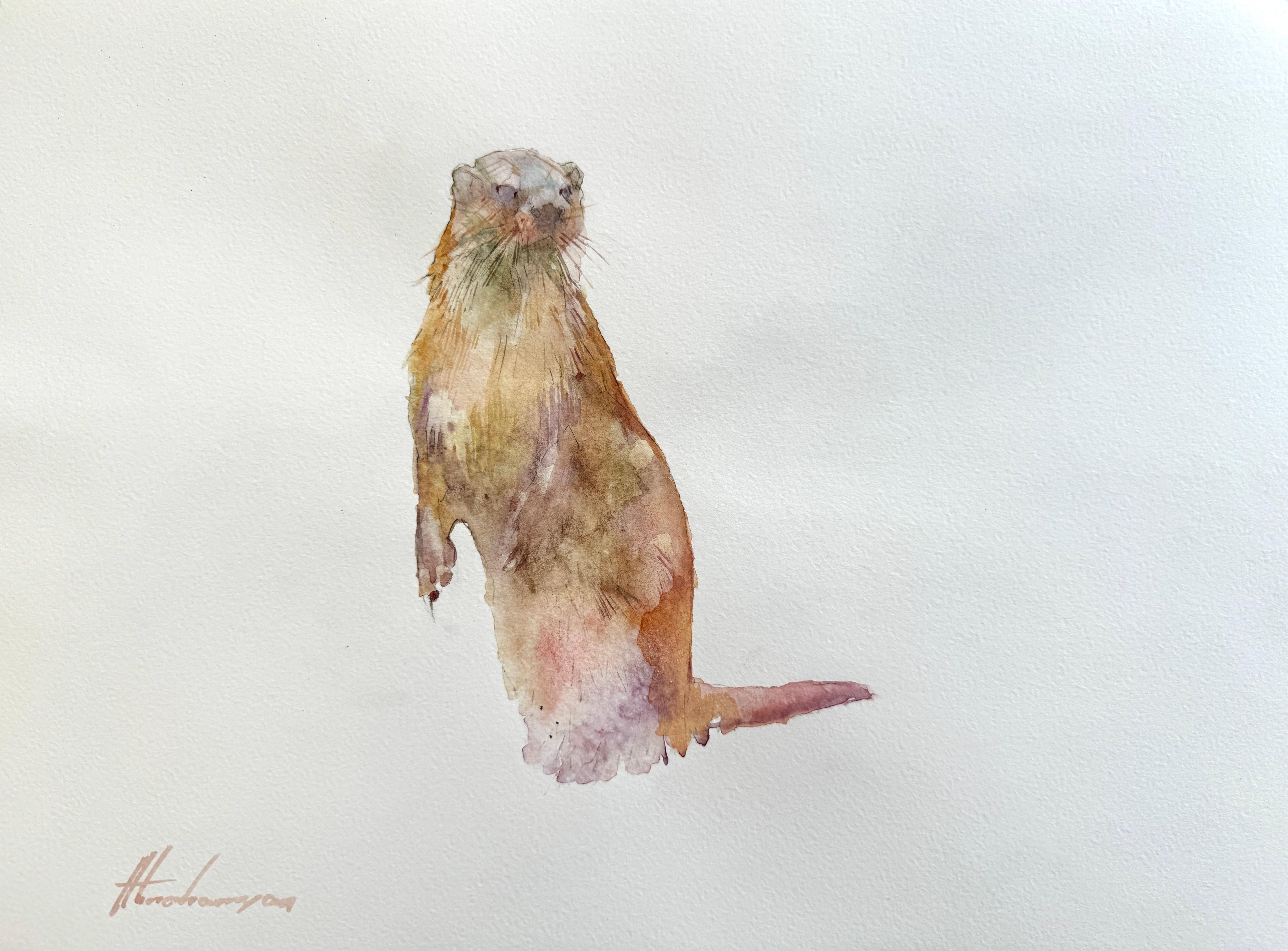 Artyom Abrahamyan Animal Art – Otter, Aquarell auf Papier, handgefertigtes Gemälde, Unikat