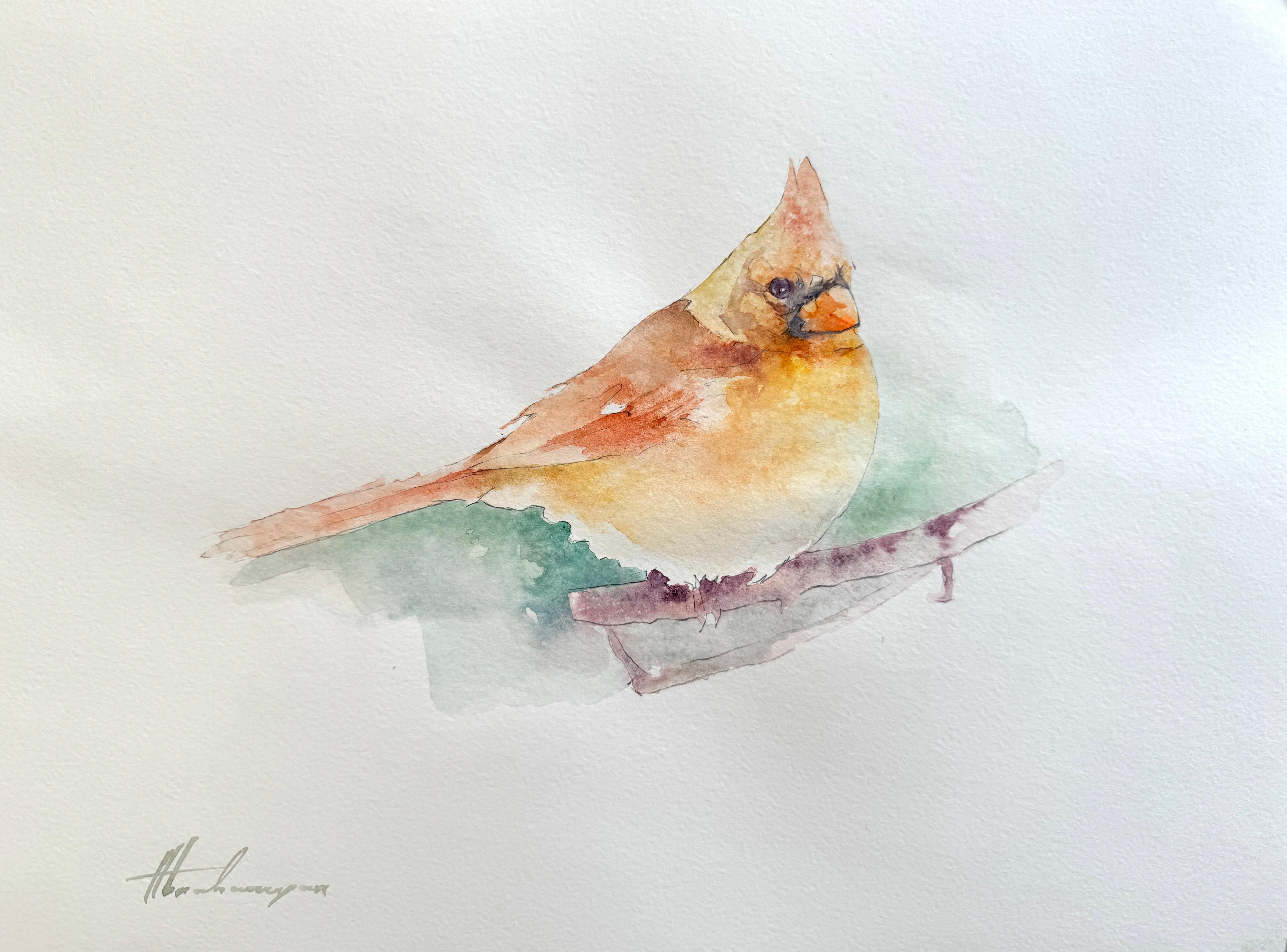 Cardinal, Bird, Watercolor on Paper, Handmade Painting, One of a Kind