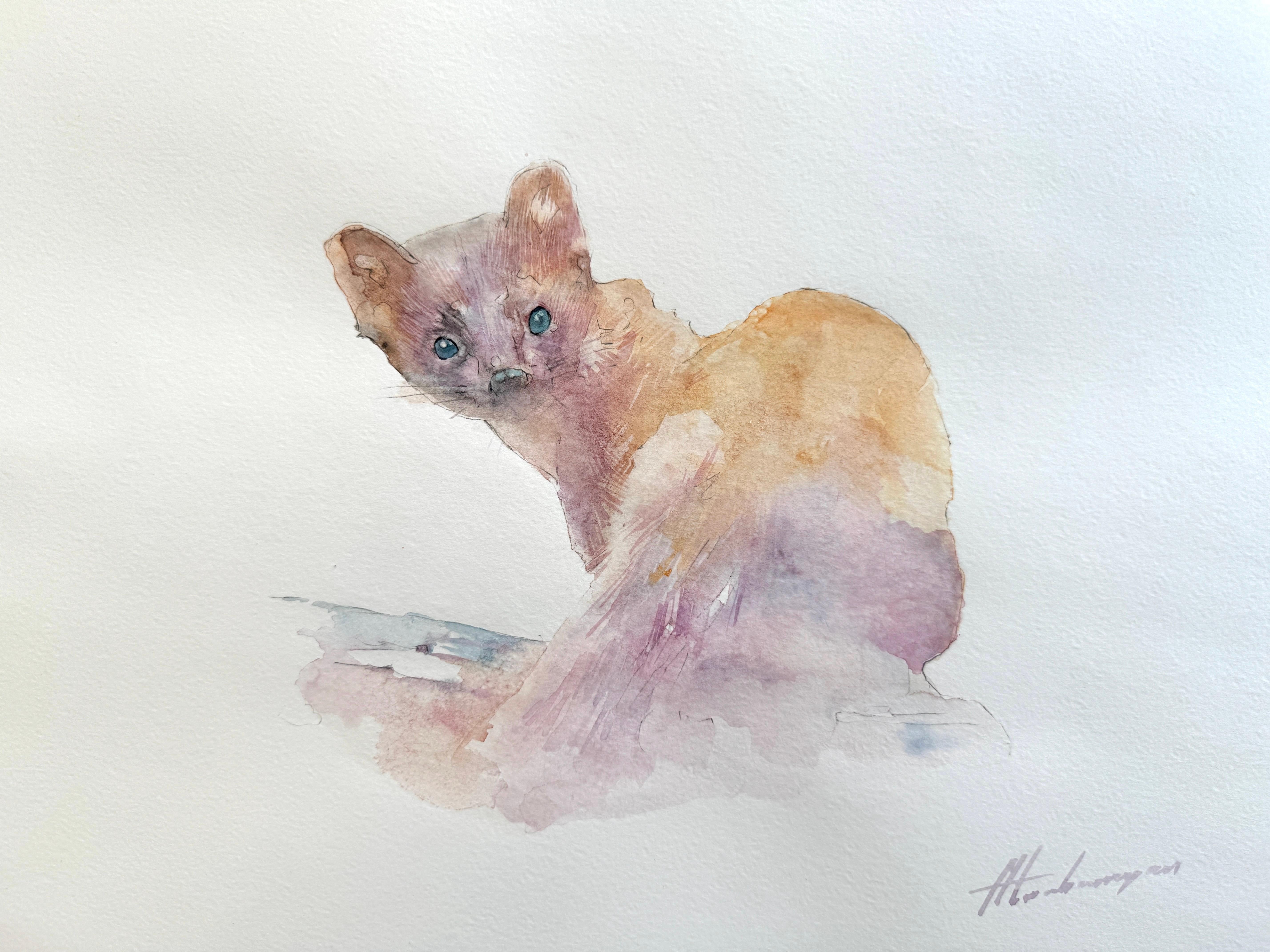 Kiefernholz Marten, Tier, Aquarell auf Papier, handgefertigtes Gemälde, Unikat
