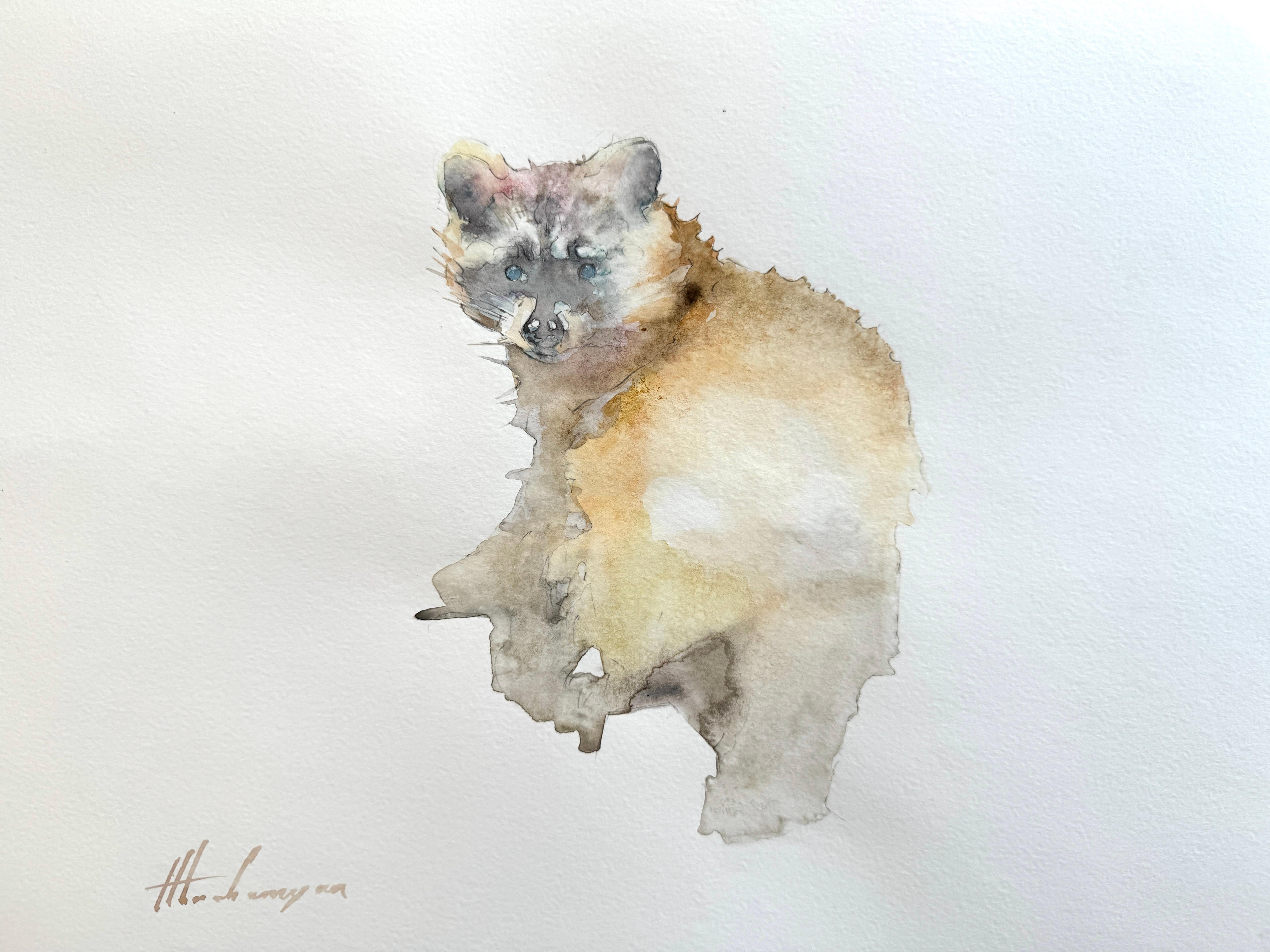 Artyom Abrahamyan Animal Art – Raccoon, Tier, Aquarell auf Papier, handgefertigtes Gemälde, Unikat